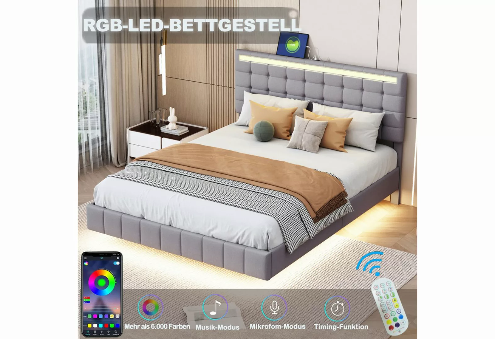 Nebelmeer Bettgestell Polsterbett mit USB,LED Doppelbett mit Lattenrost aus günstig online kaufen