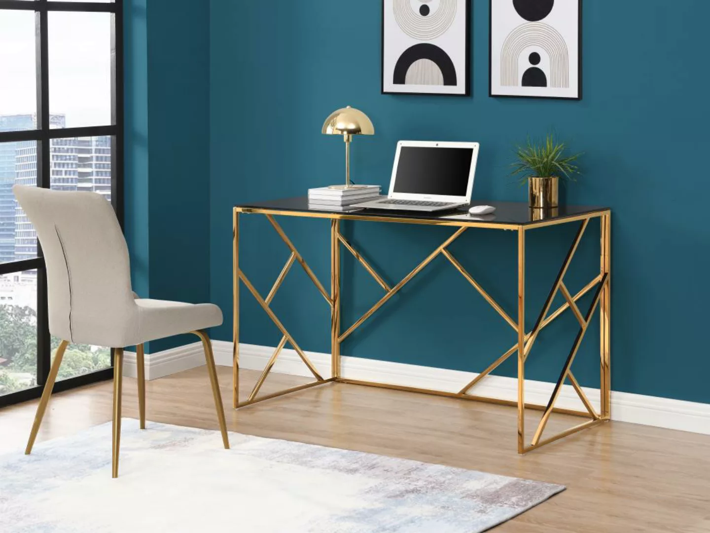 Schreibtisch - Glas & Stahl - Goldfarben & Schwarz - ATHENA von Pascal Mora günstig online kaufen
