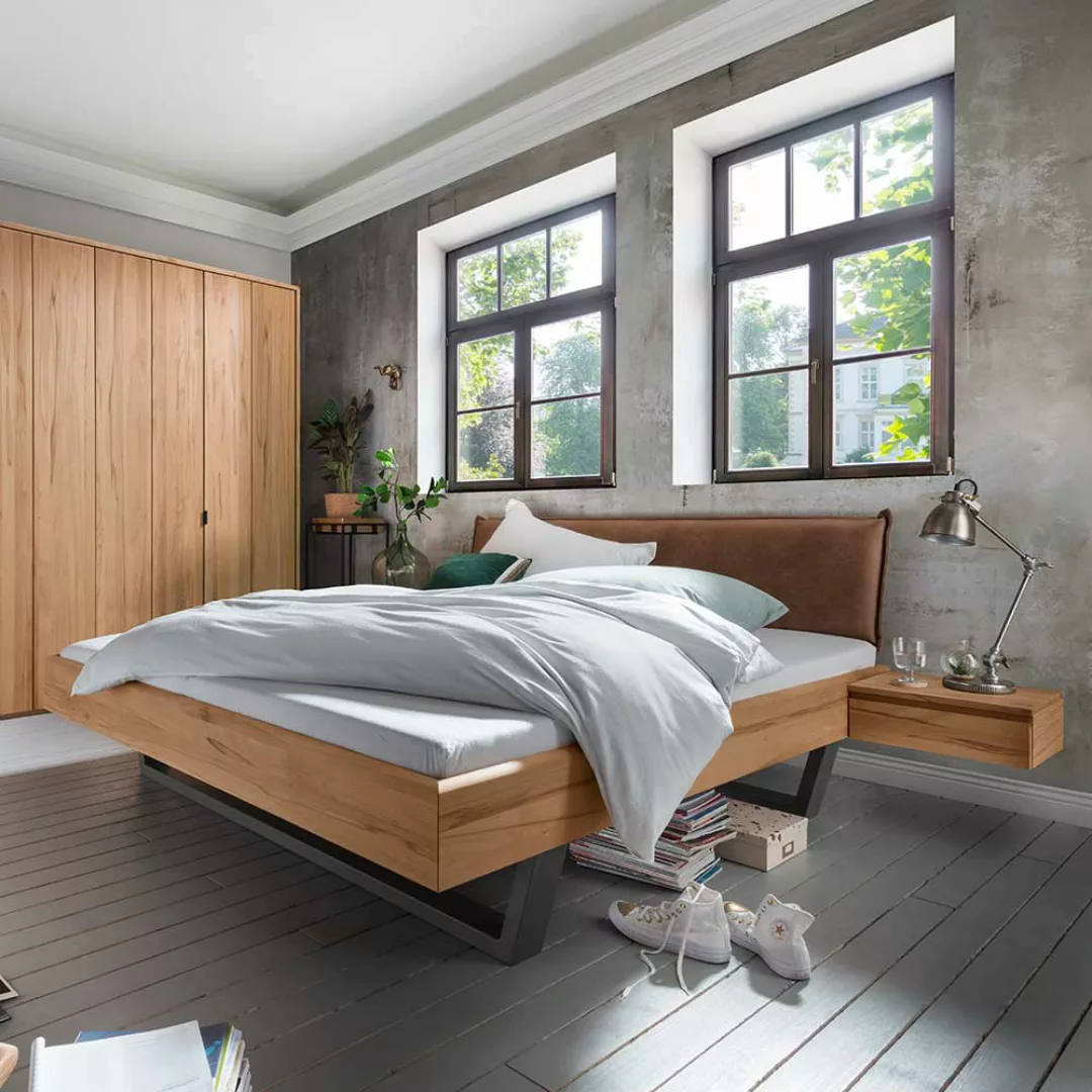 Bett Kombination aus Kernbuche Massivholz und Metall Industry Stil (dreitei günstig online kaufen
