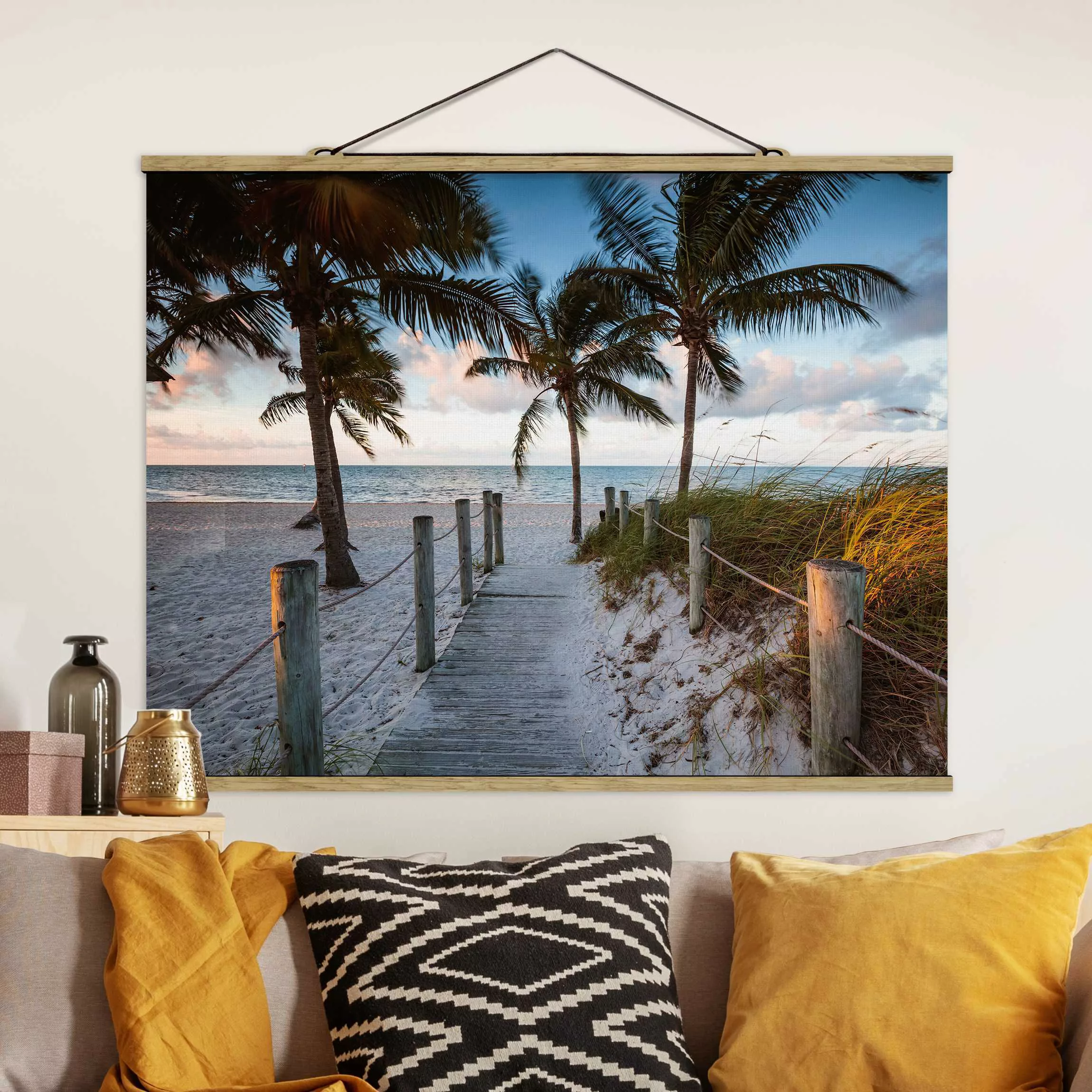 Stoffbild mit Posterleisten Palmen am Steg zum Meer günstig online kaufen