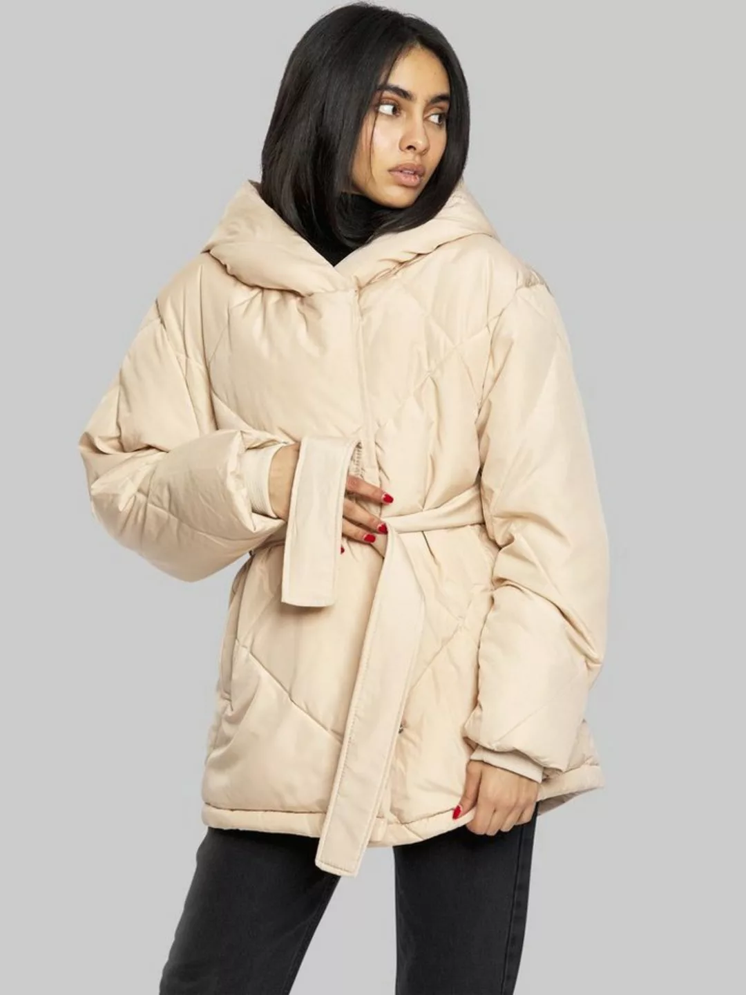 Freshlions Daunenjacke Puffer Jacke mit Bindegurt beige ML günstig online kaufen