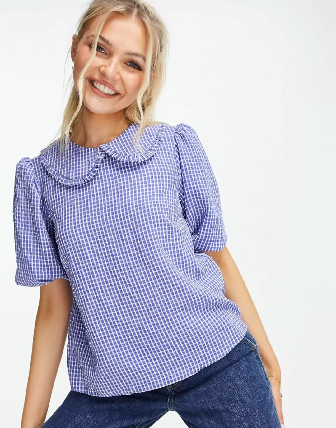 New Look – Karierte Bluse mit Kragen in Blau günstig online kaufen
