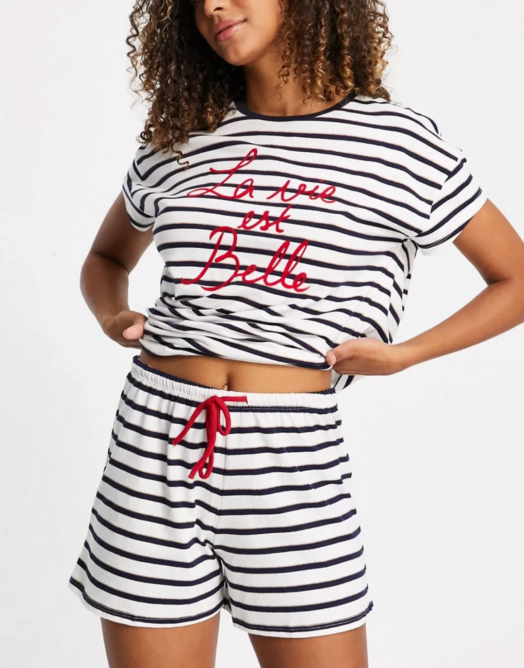 Women'secret – Gestreiftes Set mit T-Shirt mit Slogan und Shorts aus Bio-Ba günstig online kaufen