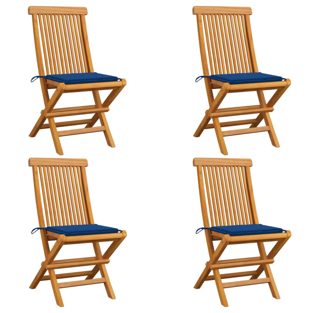 Gartenstühle Mit Blauen Kissen 4 Stk. Teak Massivholz günstig online kaufen