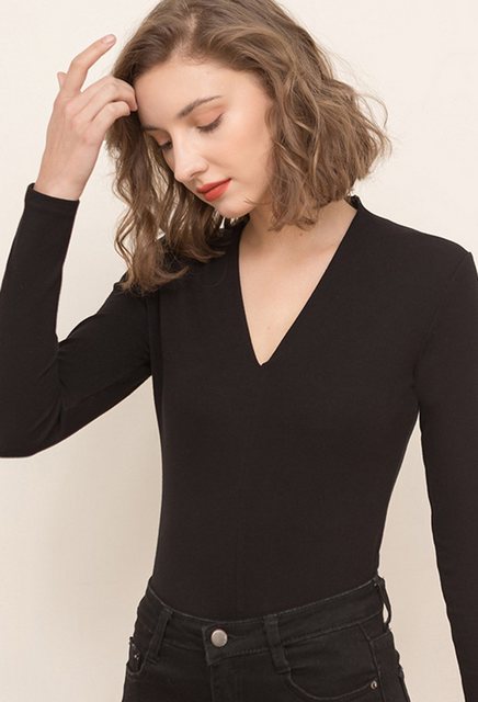 CHENIN Langarmhemd Damen V-Ausschnitt Langärmliges einfarbiges Slim Shirt E günstig online kaufen