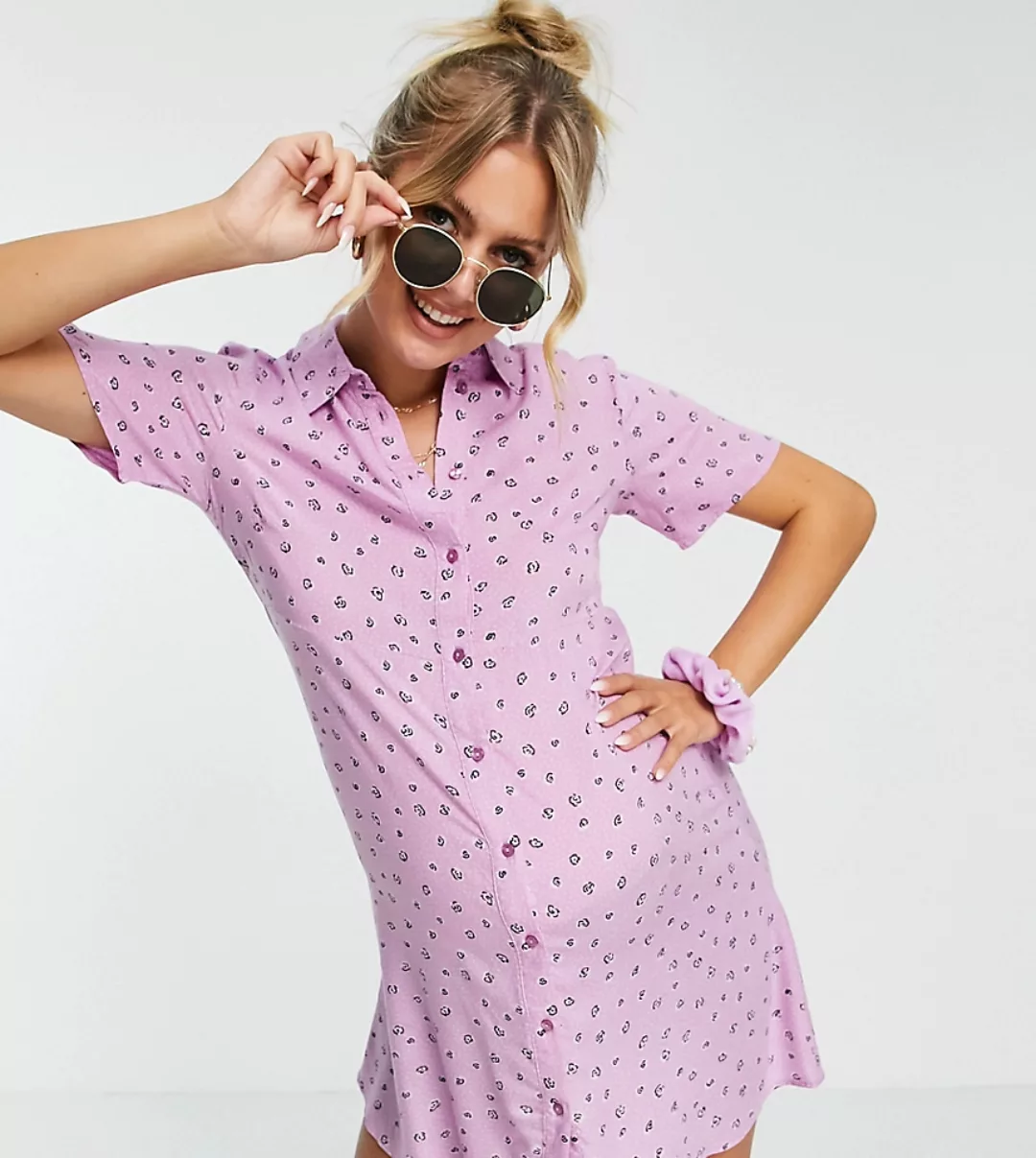 Pieces – Umstandsmode – Mini-Hemdkleid mit Blümchenmuster in Rosa-Mehrfarbi günstig online kaufen