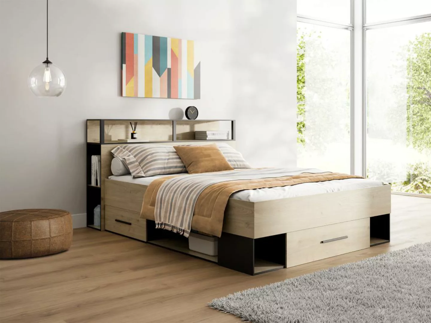 Bett mit Stauraum- 140 x 190 cm - Holzfarben & Schwarz - NOALIA günstig online kaufen