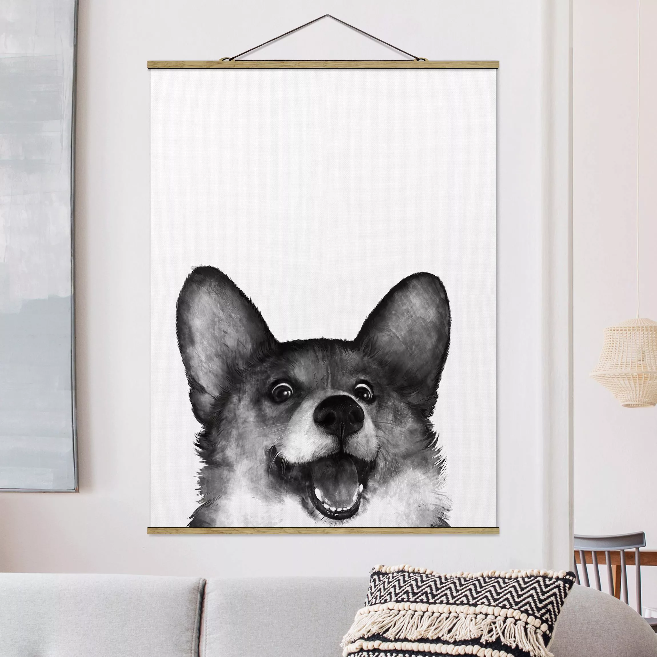 Stoffbild Tiere mit Posterleisten - Hochformat Illustration Hund Corgi Weiß günstig online kaufen