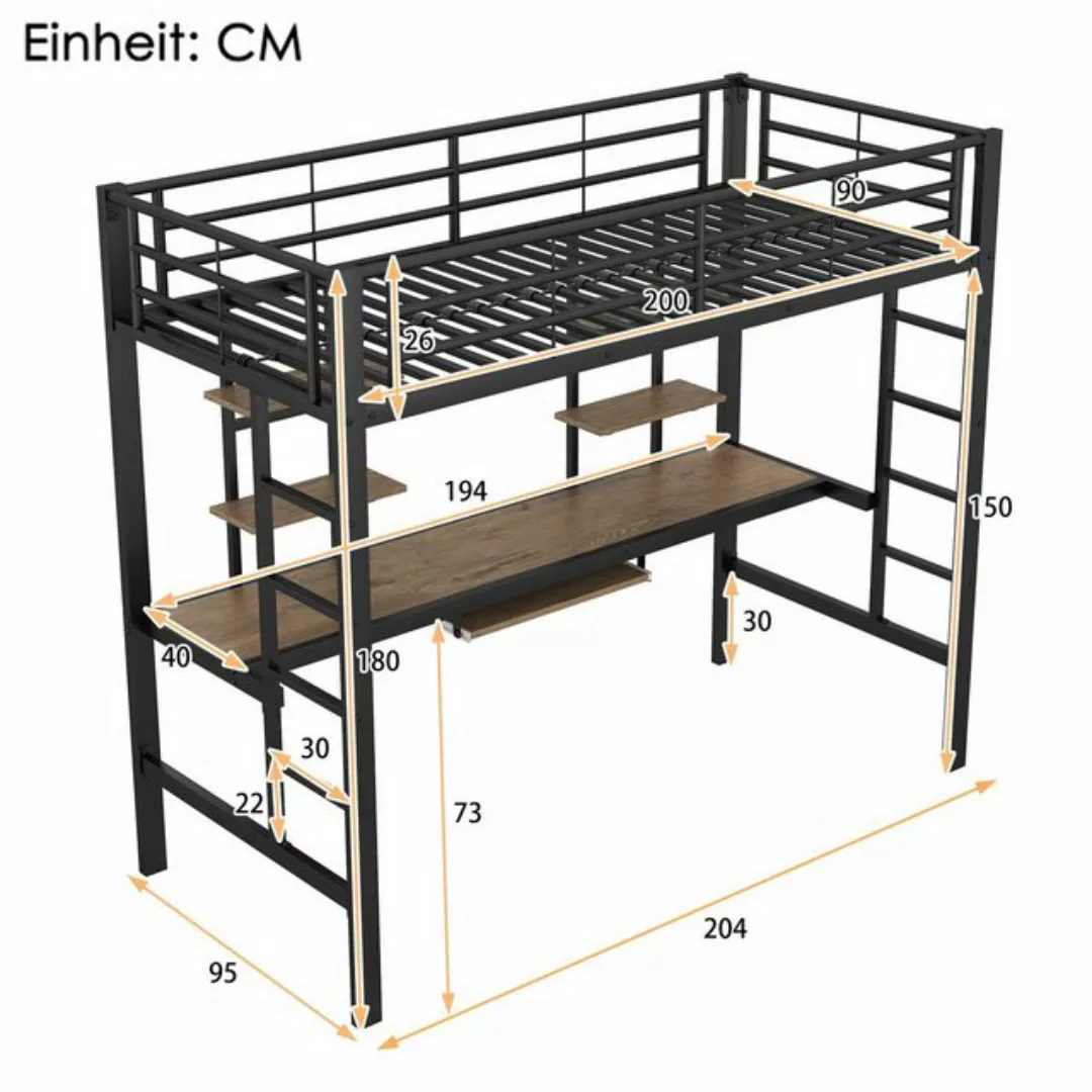 Flieks Hochbett Metallbett Kinderbett mit Schreibtisch & Regal 90x200cm ohn günstig online kaufen