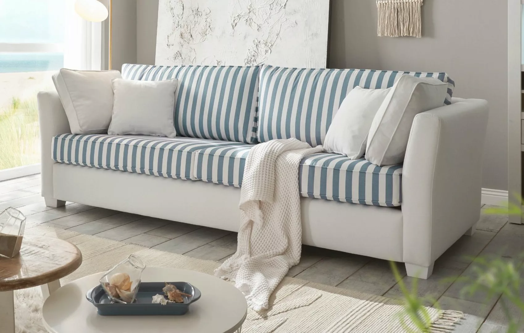 Furn.Design Sofa Hooge, 2,5-Sitzer in Creme mit blau, Landhausstil, mit Bon günstig online kaufen