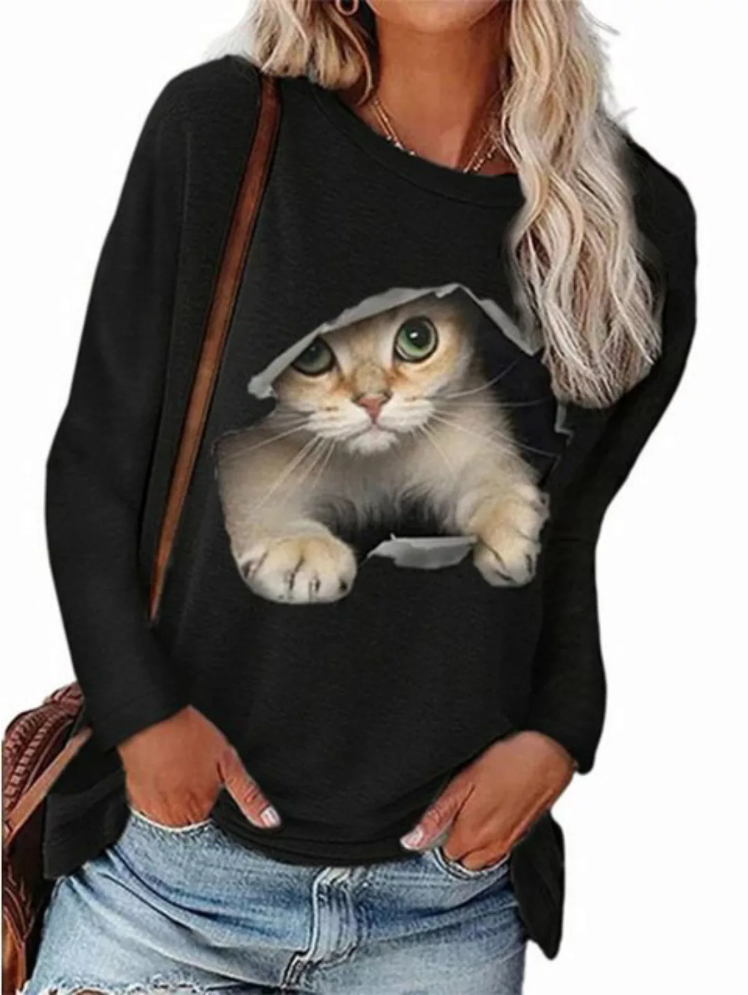 ZWY T-Shirt Damen Langarm Oberteil 3D Katze Drucken T-Shirt Lässig Pullover günstig online kaufen