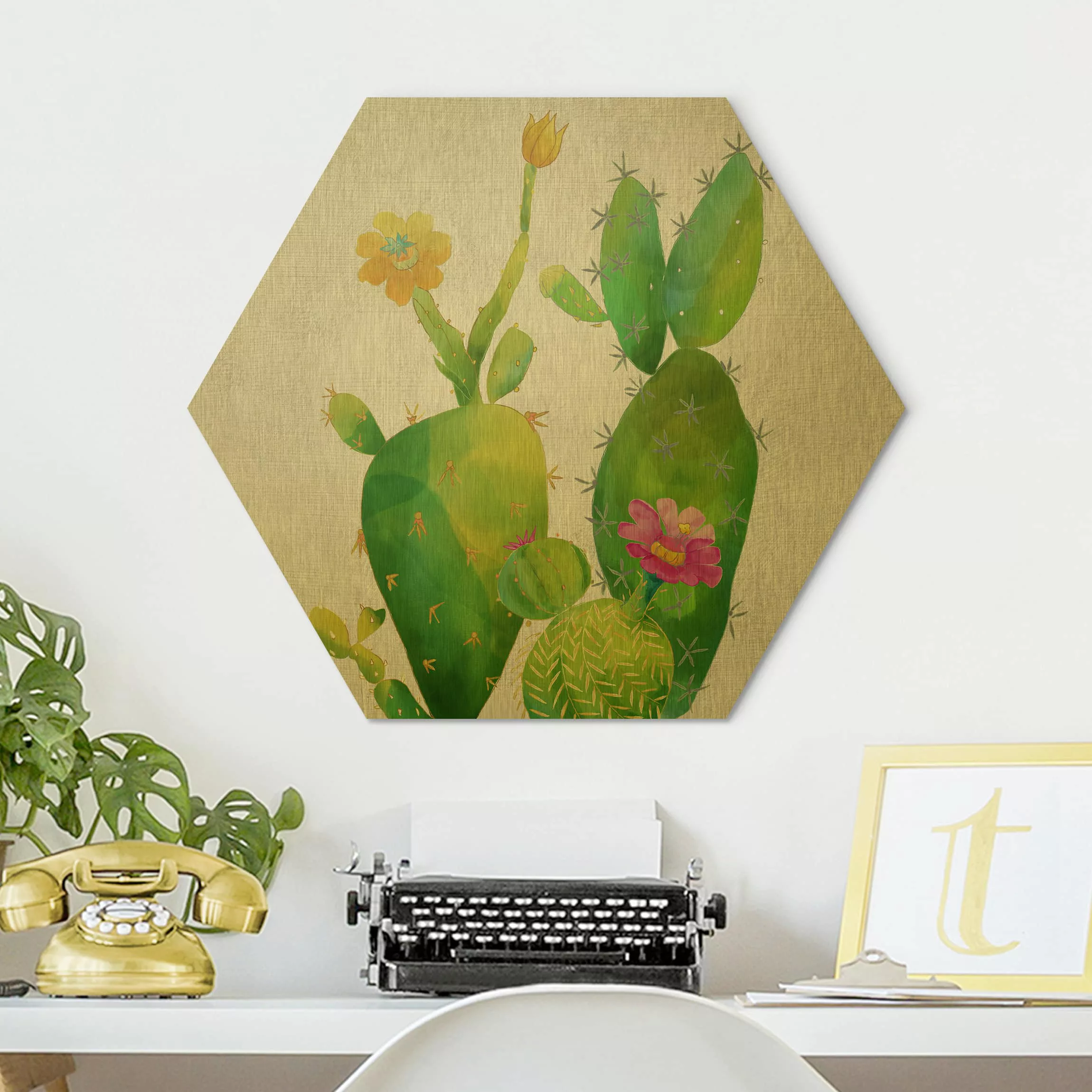 Hexagon-Alu-Dibond Bild Blumen Kaktusfamilie rosa gelb günstig online kaufen