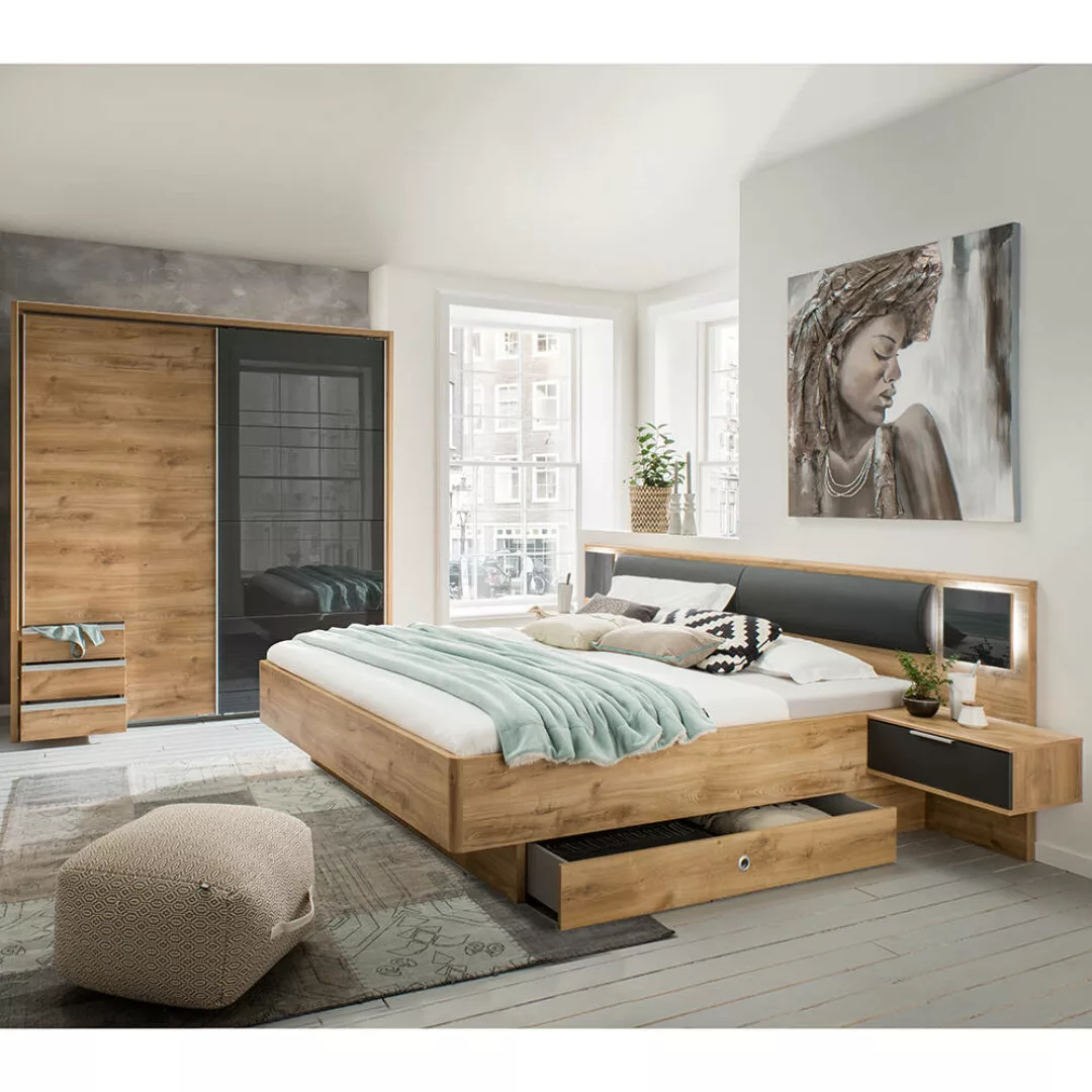 Schlafzimmer Set 4-teilig VIESTE-43 mit Bett 160x200 in graphit mit Eiche günstig online kaufen