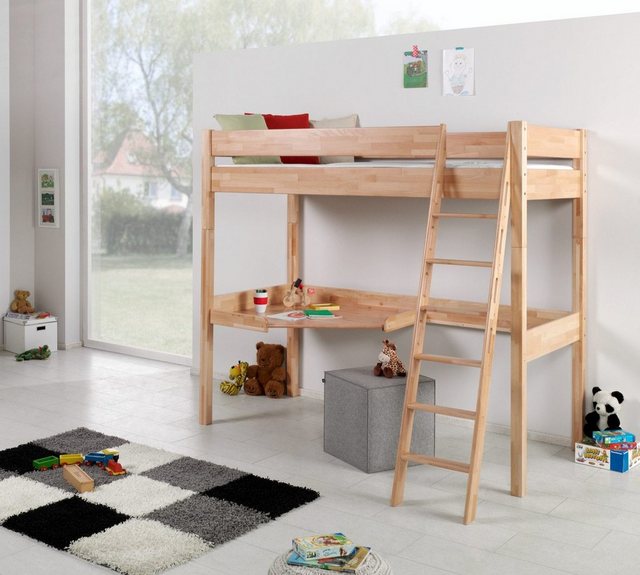 Natur24 Kinderbett Hochbett Renate Buche Massiv Natur lackiert mit Schreibt günstig online kaufen