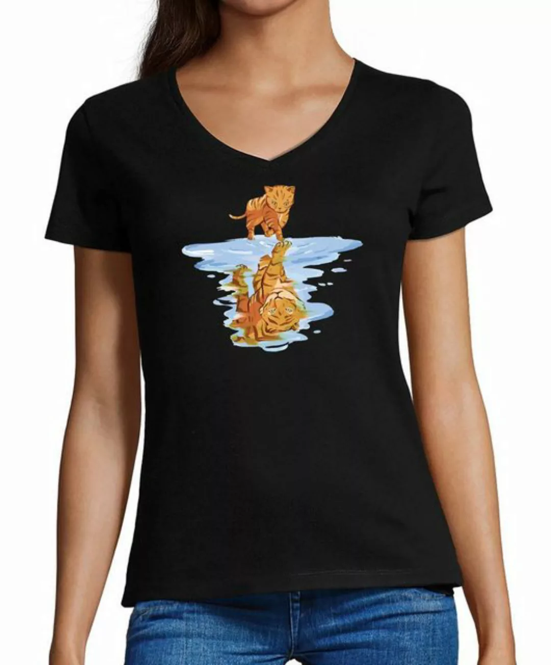 MyDesign24 T-Shirt Damen Katzen Print Shirt bedruckt - Katze spiegelt sich günstig online kaufen
