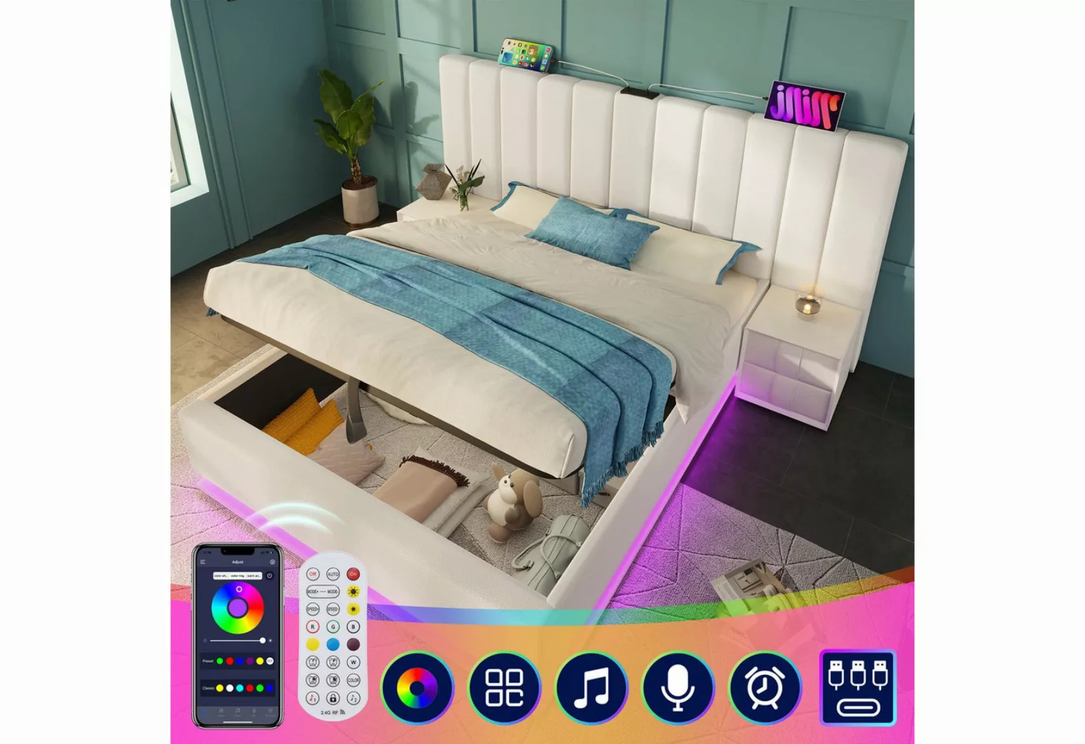 BlingBin Polsterbett Doppelbett Stauraumbett (1-tlg., mit App Control LED, günstig online kaufen