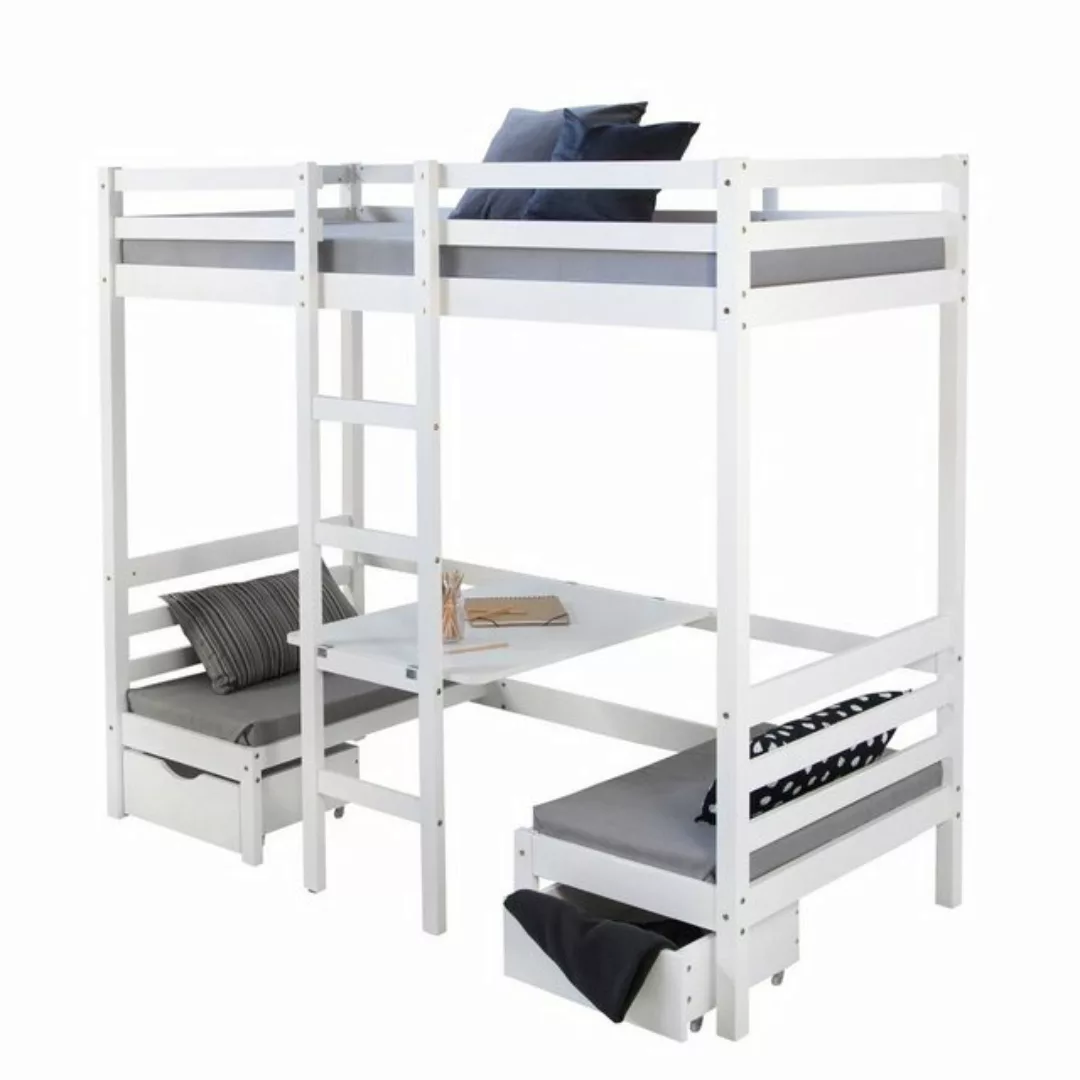 Homestyle4u Hochbett Kinderbett 90x200 weiß Schreibtisch Bettkasten günstig online kaufen