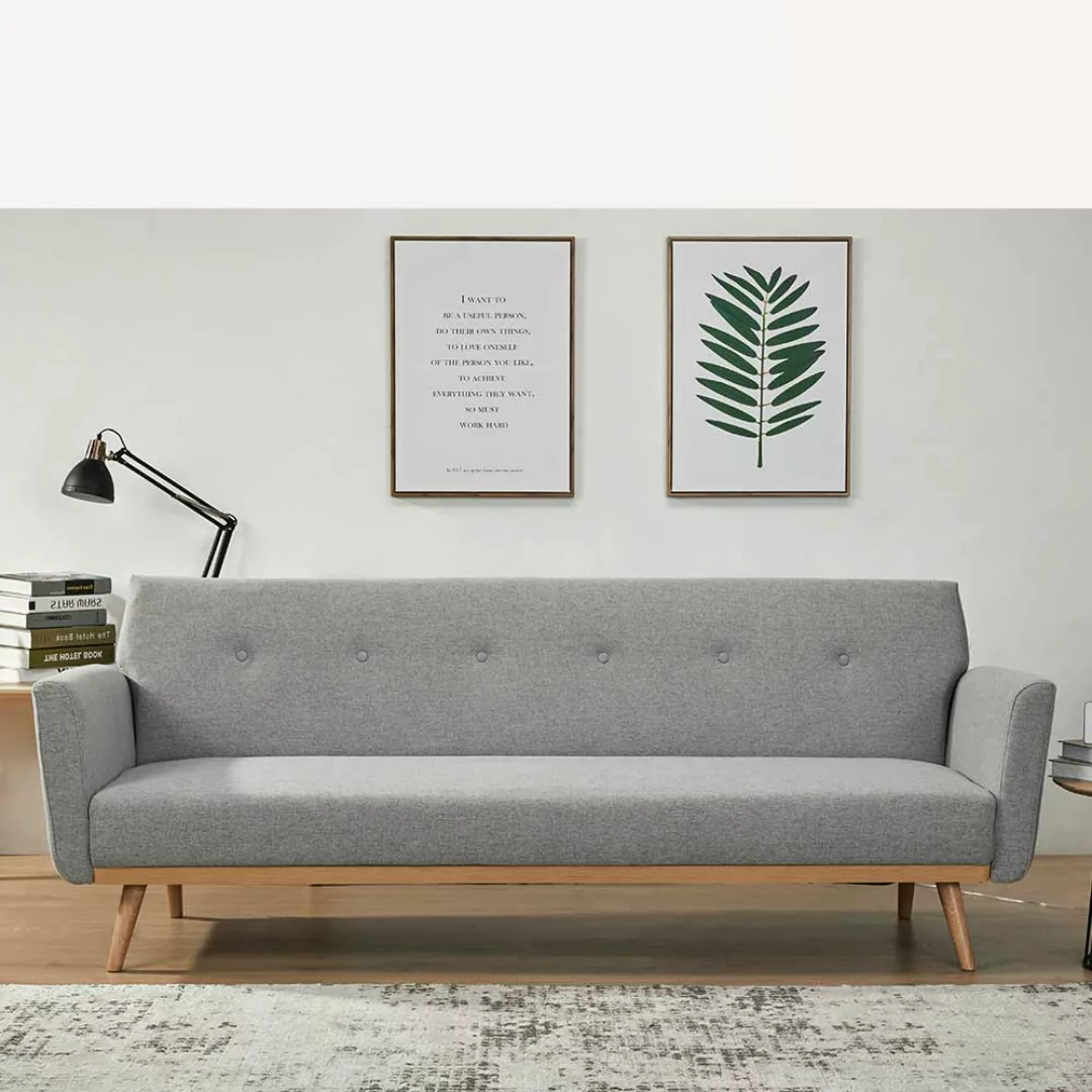 Funktions Sofa in Hellgrau und Holz Naturfarben Rücken Klappmechanik günstig online kaufen