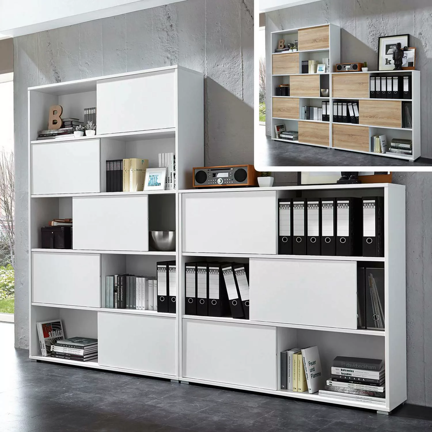 Büromöbel Aktenregal Set mit Schiebetüren MANHATTEN-01 weiß / weiß,Sonoma-E günstig online kaufen