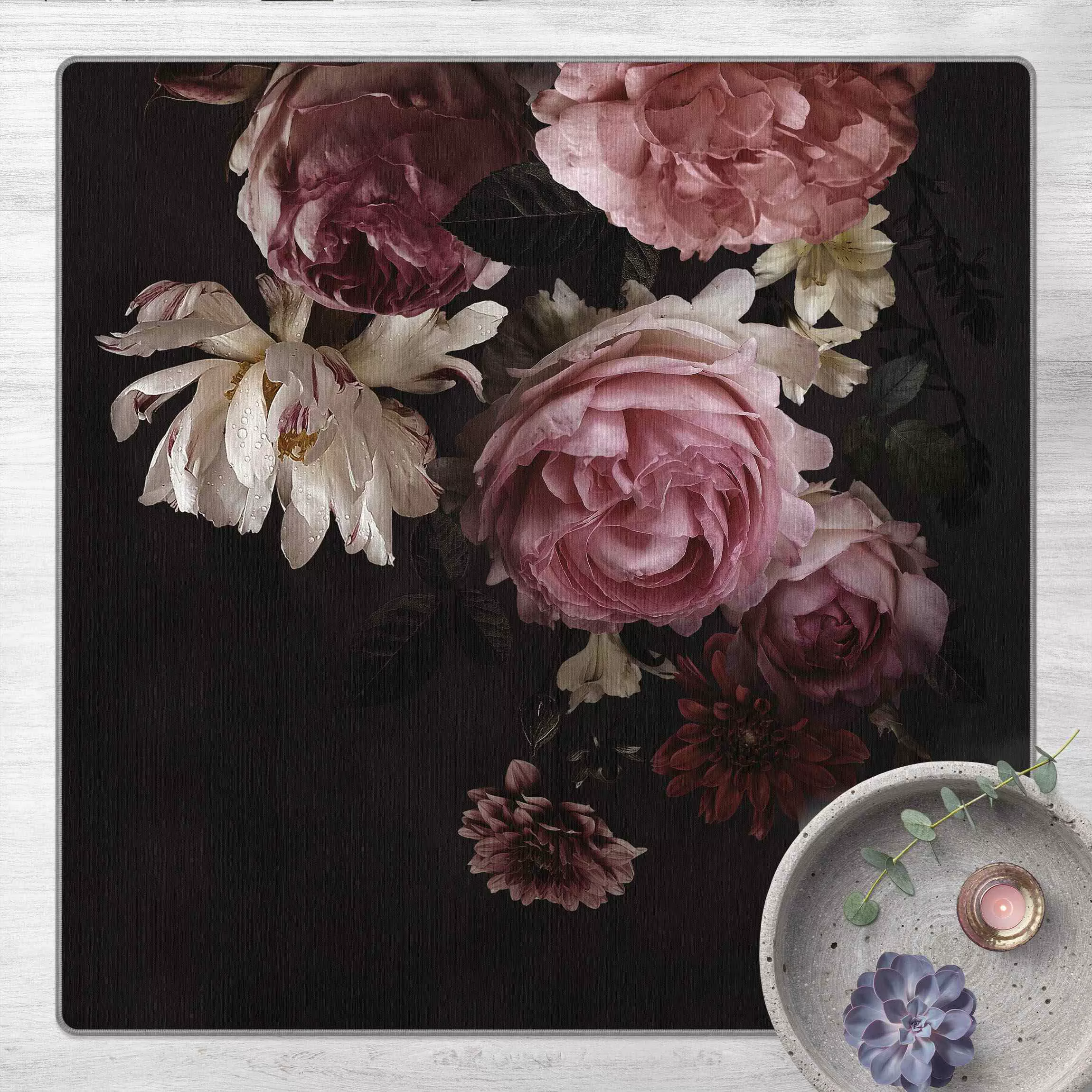 Teppich Rosa Blumen auf Schwarz Vintage günstig online kaufen