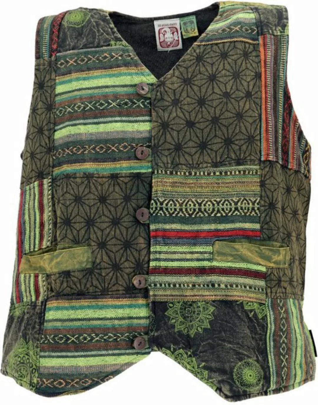 Guru-Shop Strickjacke Goaweste, Psytrance Patchwork Herren Weste - grün alt günstig online kaufen