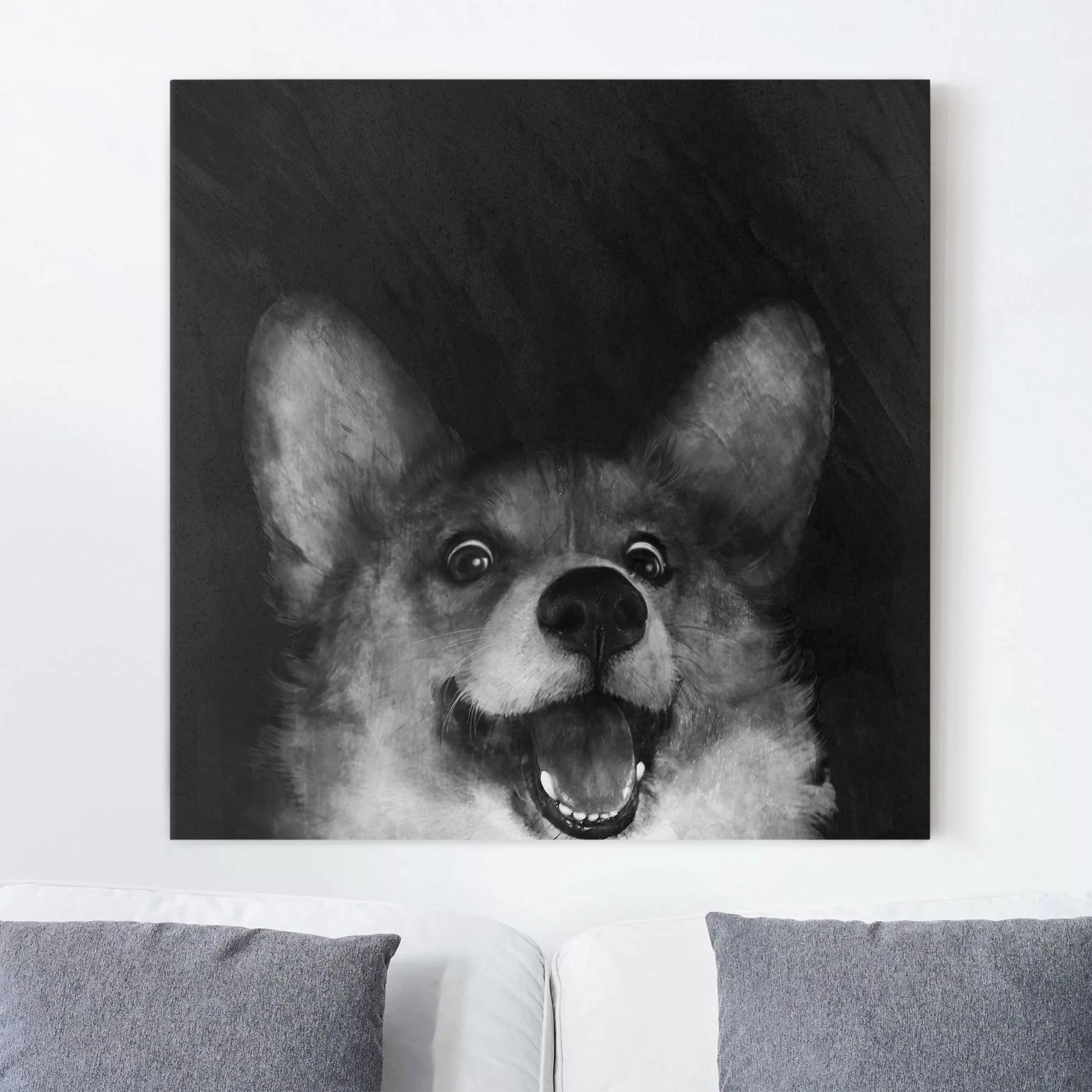 Leinwandbild Tiere - Quadrat Illustration Hund Corgi Malerei Schwarz Weiß günstig online kaufen