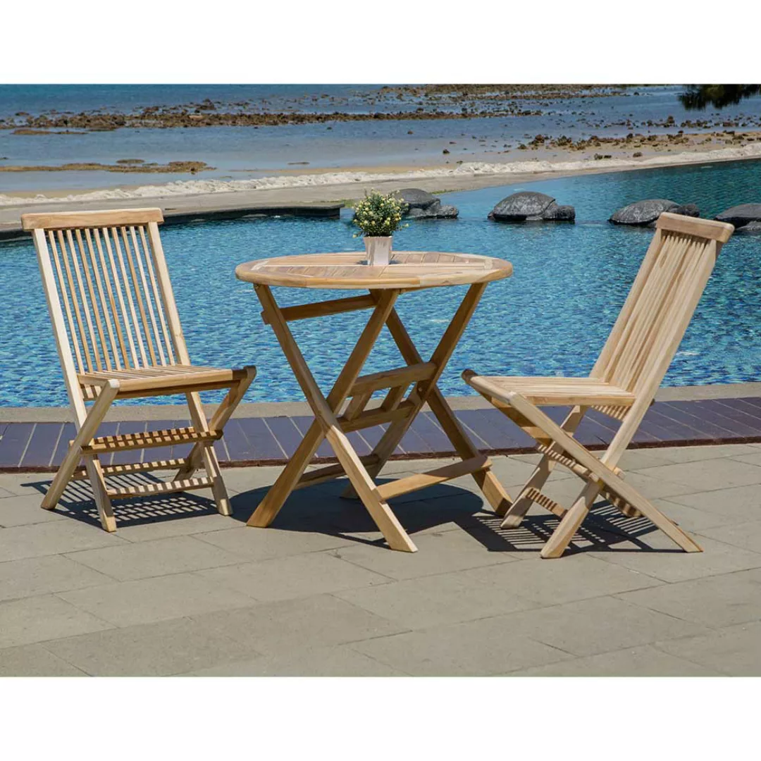 Klappbare Garten Sitzgruppe aus Teak Massivholz rundem Tisch (dreiteilig) günstig online kaufen