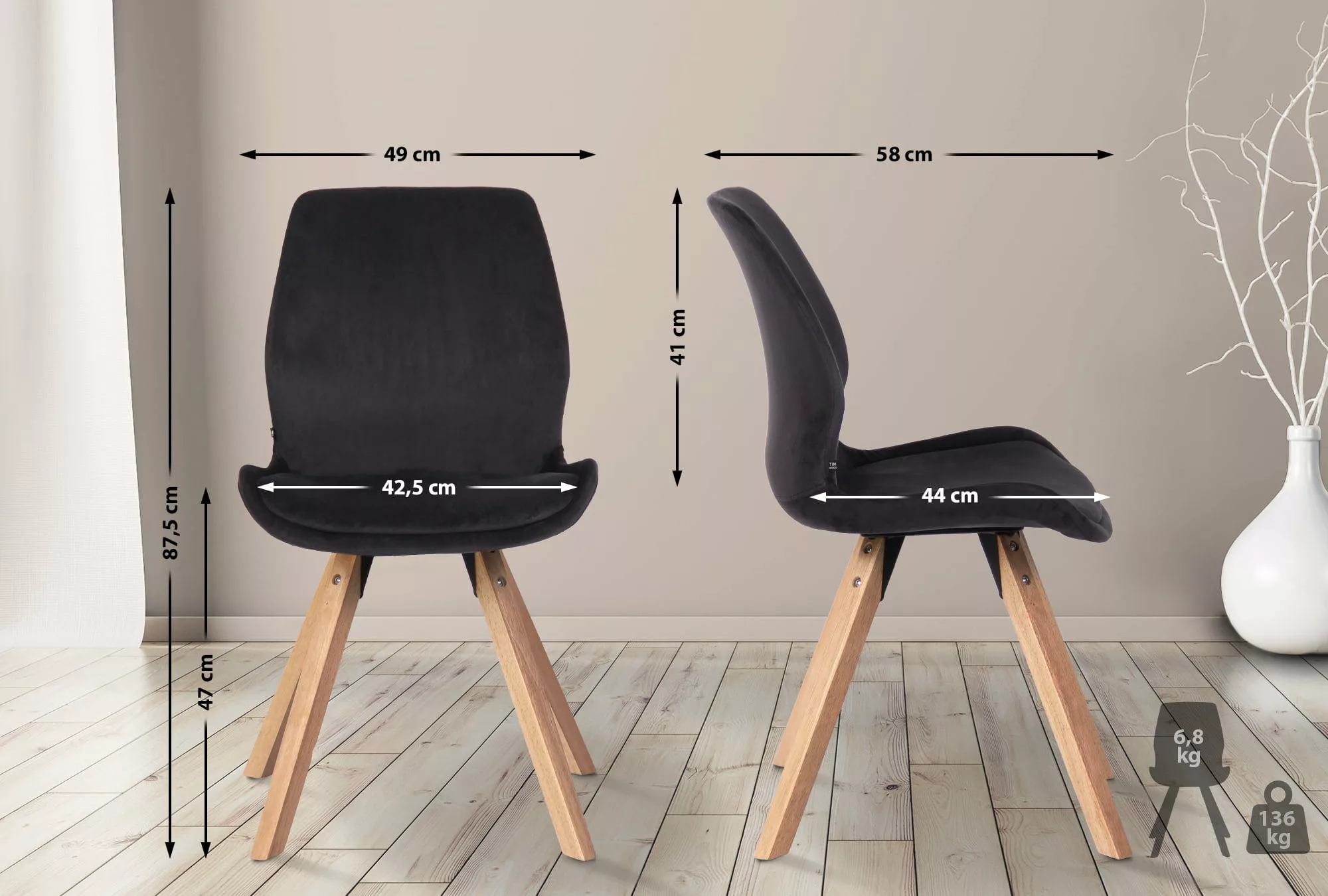 4er Set Stuhl Luna Samt Schwarz günstig online kaufen