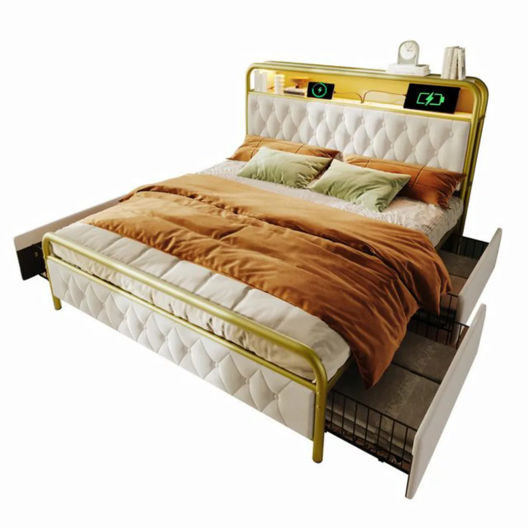 Flieks Metallbett, LED Polsterbett Doppelbett 160x200cm mit Ladenfunktion + günstig online kaufen