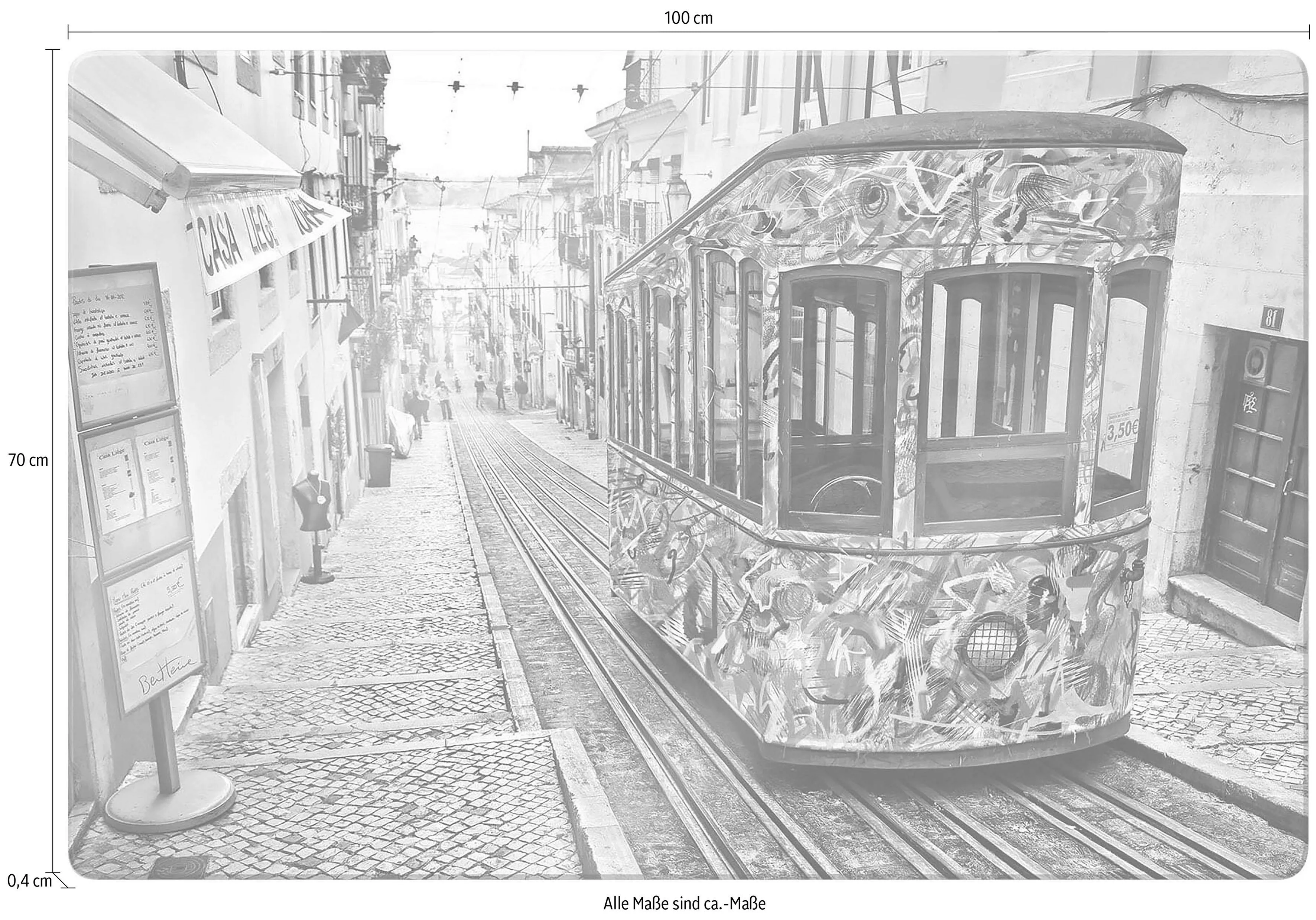 Wall-Art Glasbild »Tram in Lissabon«, Menschen, Maße (B/T/H): 100/0,4/70 cm günstig online kaufen