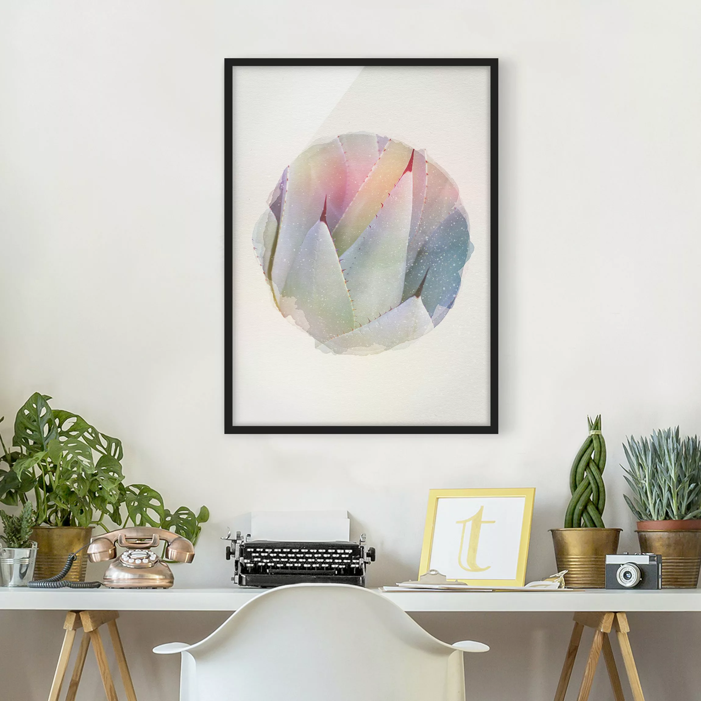 Bild mit Rahmen Blumen - Hochformat Wasserfarben - Agavenblätter günstig online kaufen