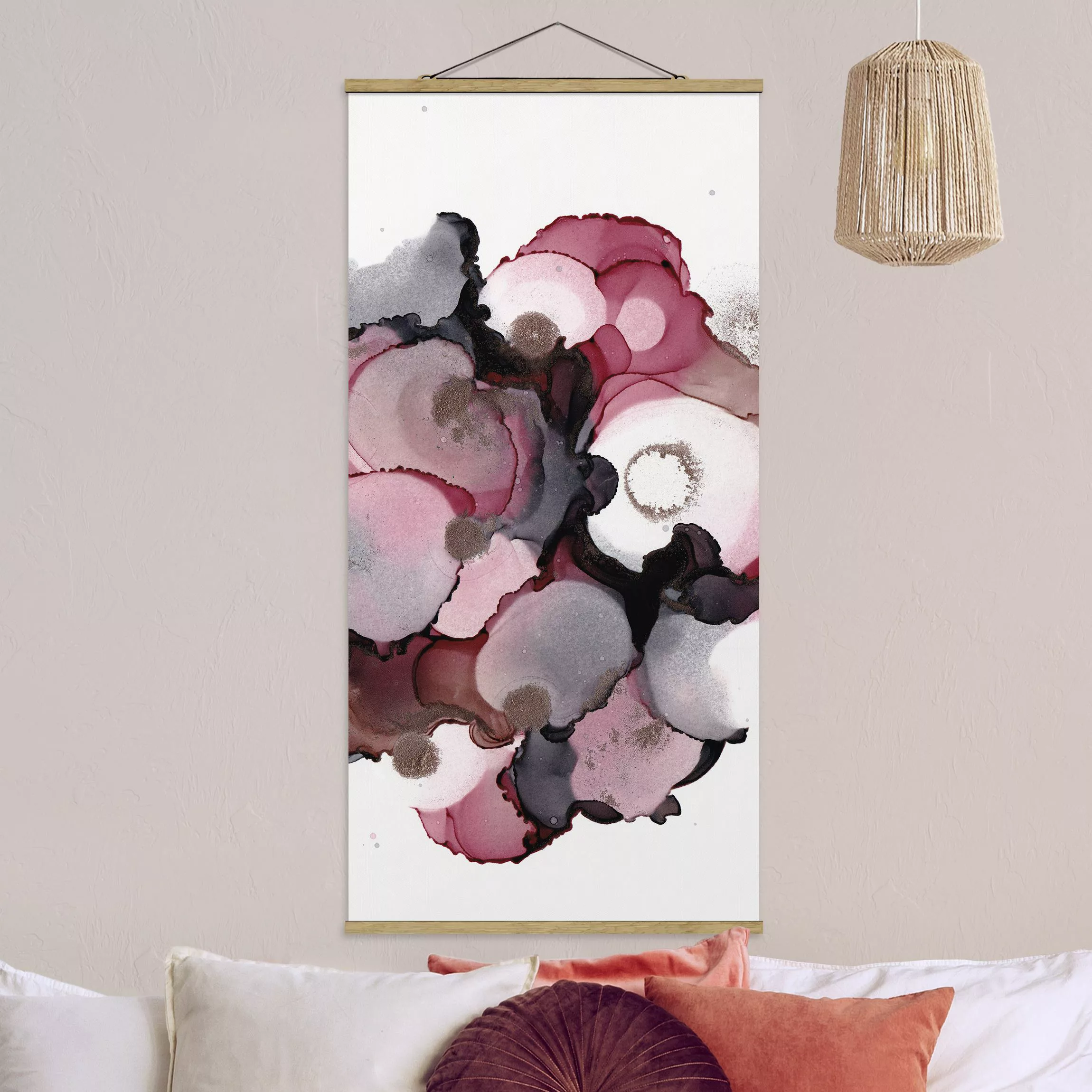 Stoffbild mit Posterleisten Pink-Beige Tropfen mit Roségold günstig online kaufen