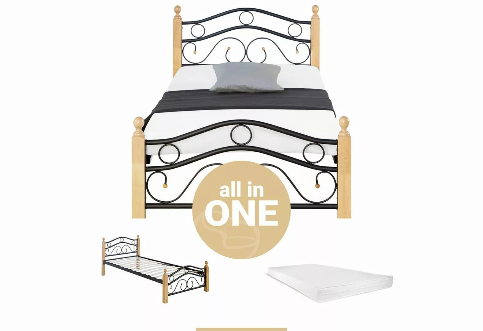 Homestyle4u Metallbett 90x200 Einzelbett mit Matratze und Lattenrost Hellbr günstig online kaufen