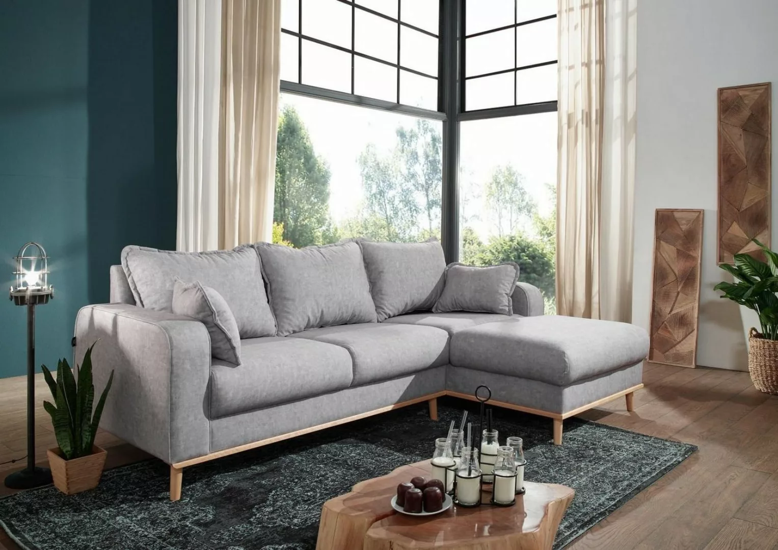 Massivmoebel24 Ecksofa Sofa inklusive Kissen 230x154x84 grau Ottomane recht günstig online kaufen