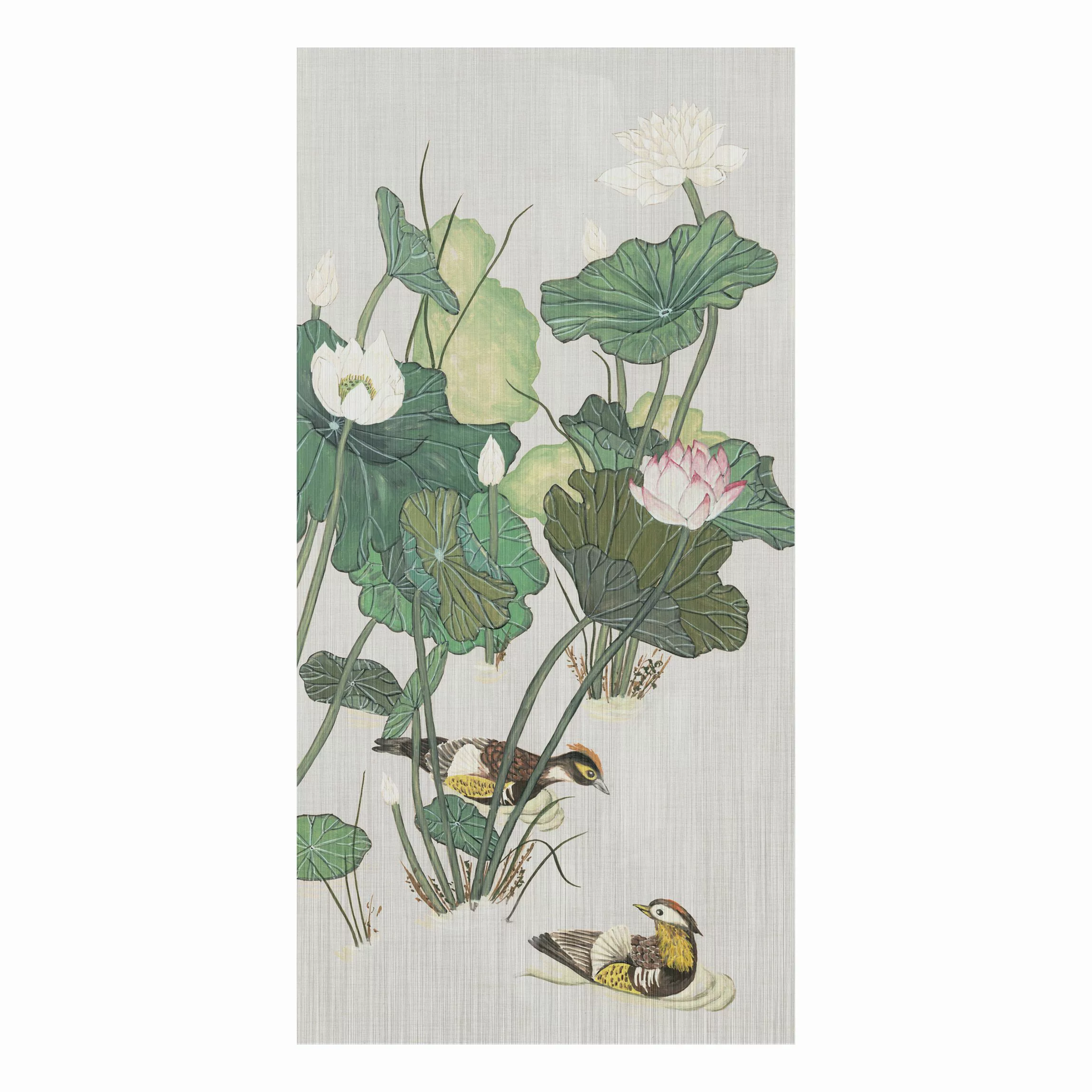 Alu-Dibond Bild Blumen - Hochformat Vintage Illustration Lotusblüten im Tei günstig online kaufen