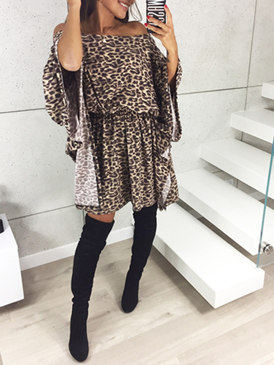 Schulterfrei Leopard Langarm Mini Kleid günstig online kaufen