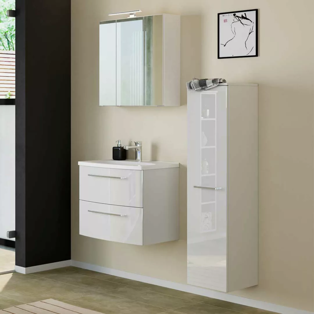 Hochglanz Badezimmermöbel in Weiß LED Beleuchtung (dreiteilig) günstig online kaufen