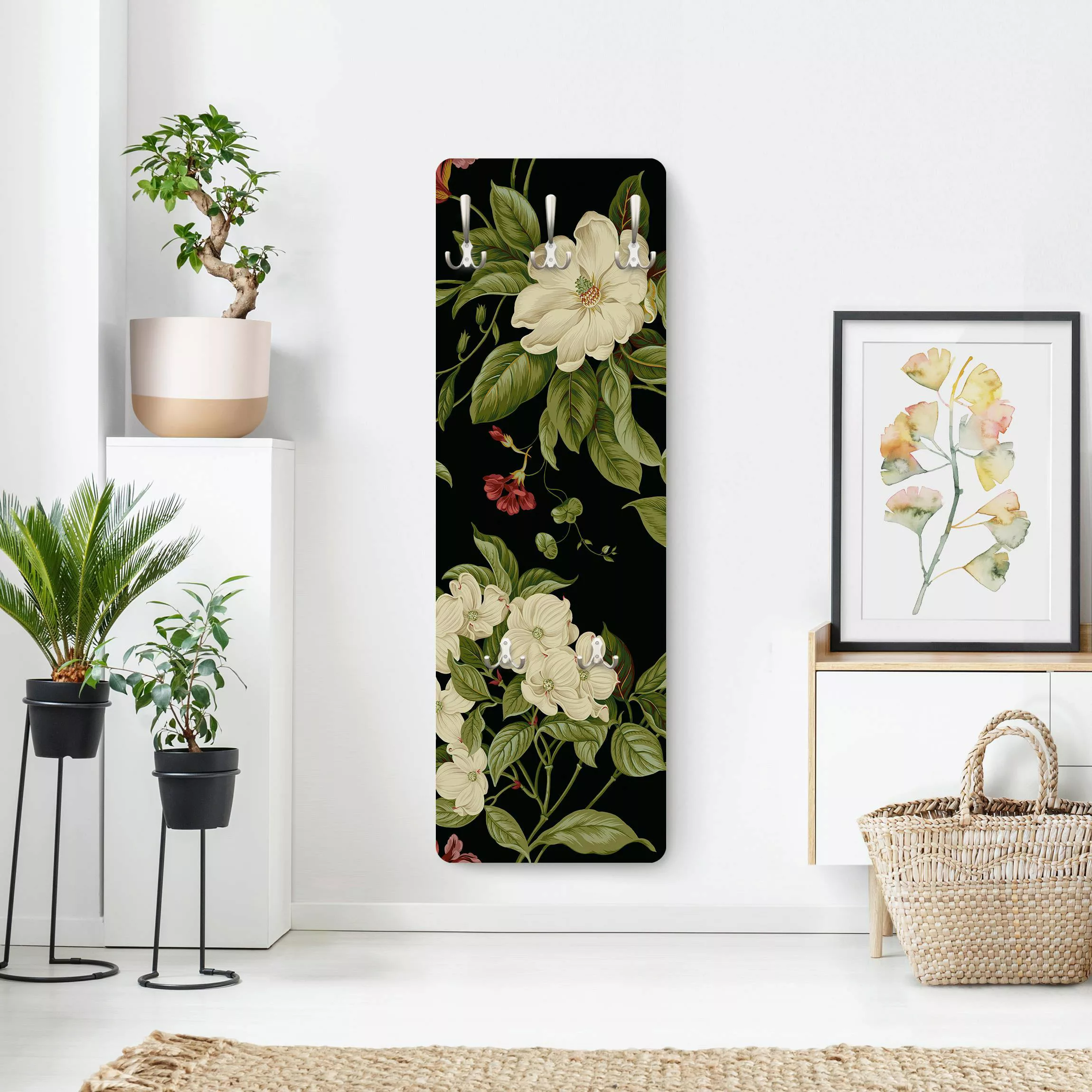 Wandgarderobe Holzpaneel Blumen Gartenblumen auf Schwarz I günstig online kaufen
