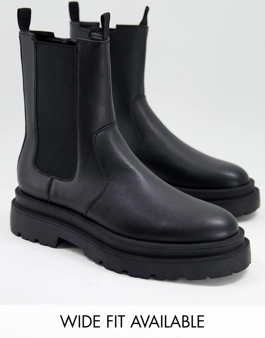 ASOS DESIGN – Wadenhohe Chelsea-Stiefel aus schwarzem Kunstleder mit dicker günstig online kaufen