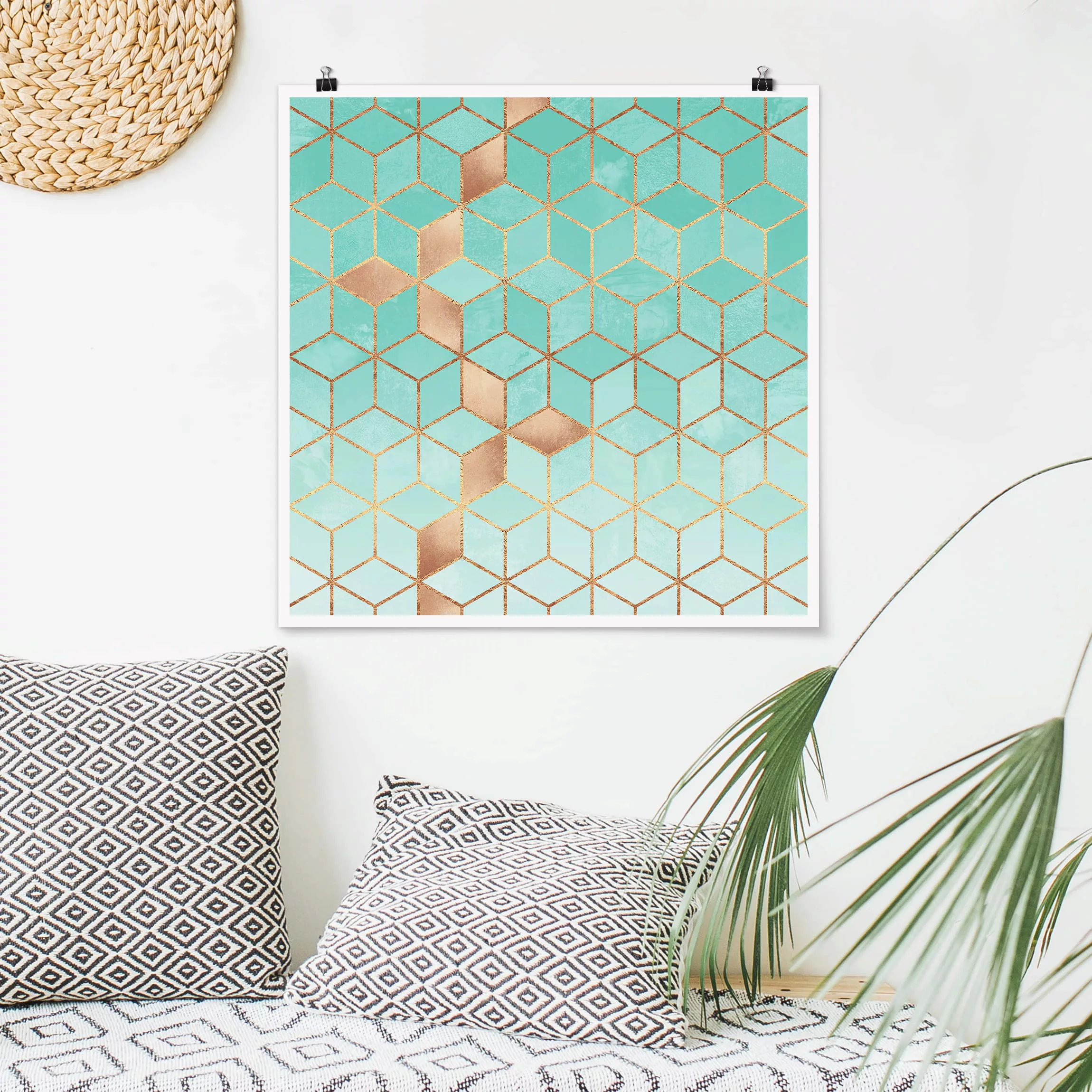 Poster Abstrakt - Quadrat Türkis Weiß goldene Geometrie günstig online kaufen