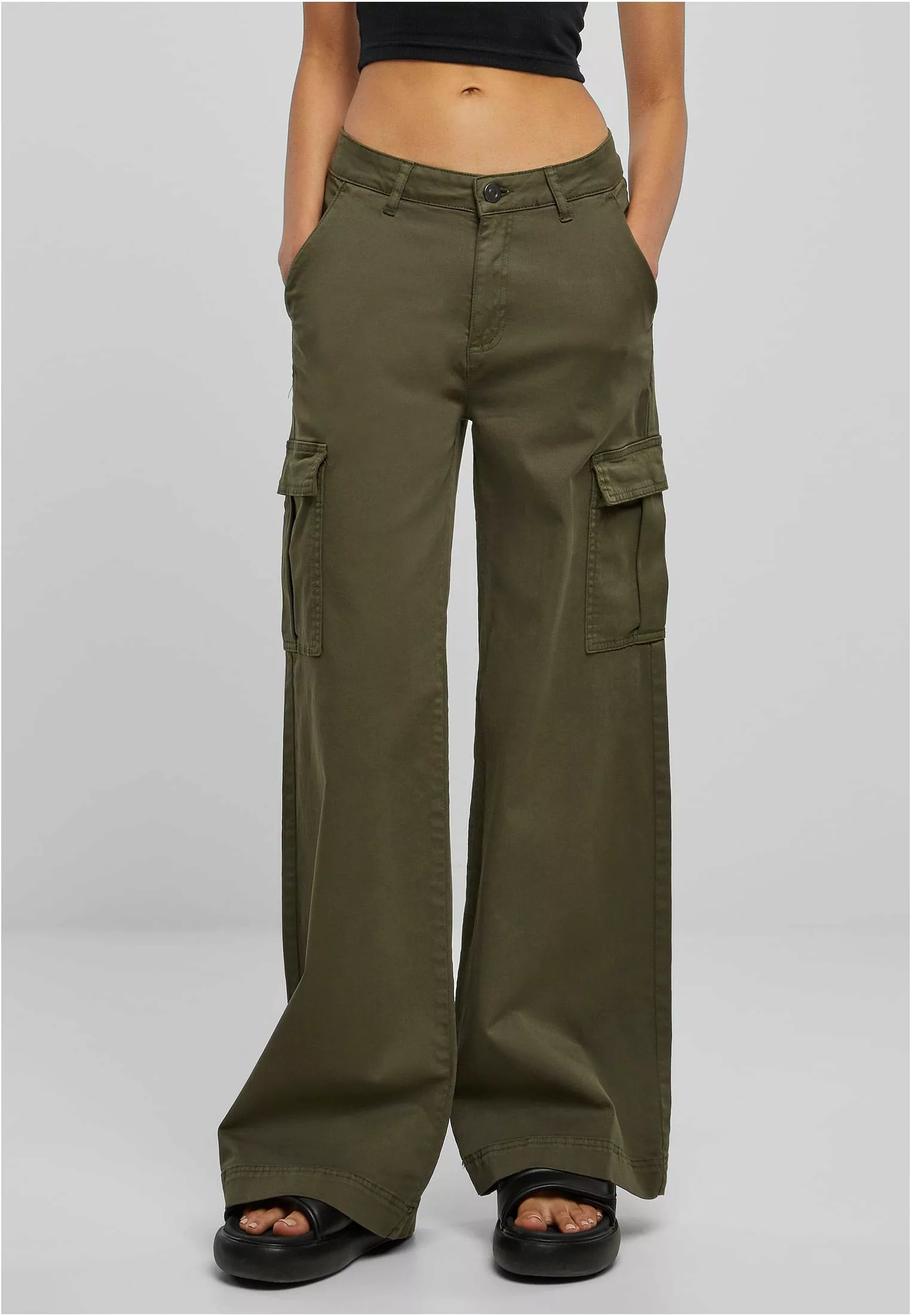 URBAN CLASSICS Stoffhose Damen Ladies High Waist Wide Leg Twill Cargo Pants günstig online kaufen