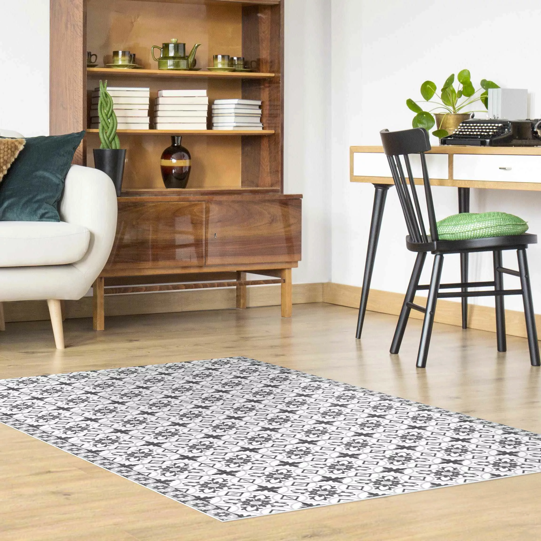 Vinyl-Teppich Geometrischer Fliesenmix Blume Grau günstig online kaufen