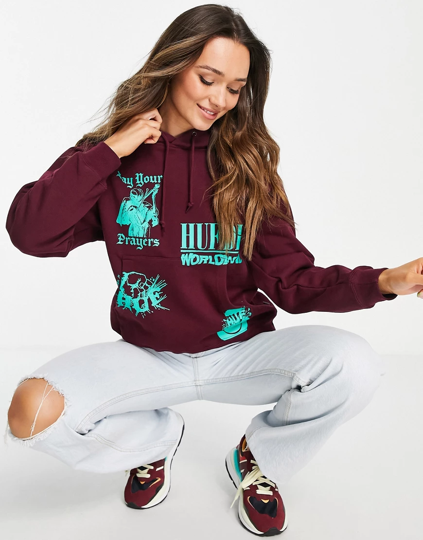 HUF – Oversize-Kapuzenpullover mit neonfarbenen Grafikprints-Rot günstig online kaufen