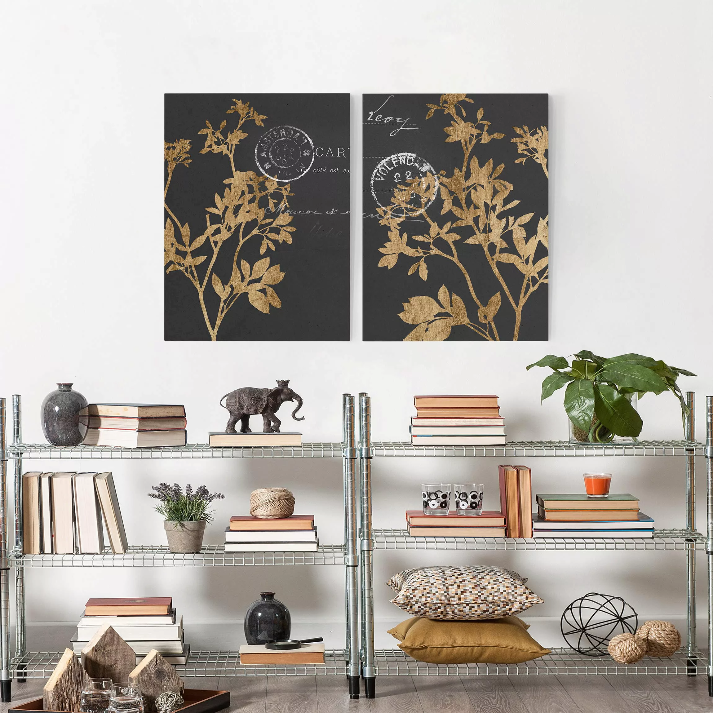 2-teiliges Leinwandbild Spruch - Hochformat Goldene Blätter auf Mokka Set I günstig online kaufen