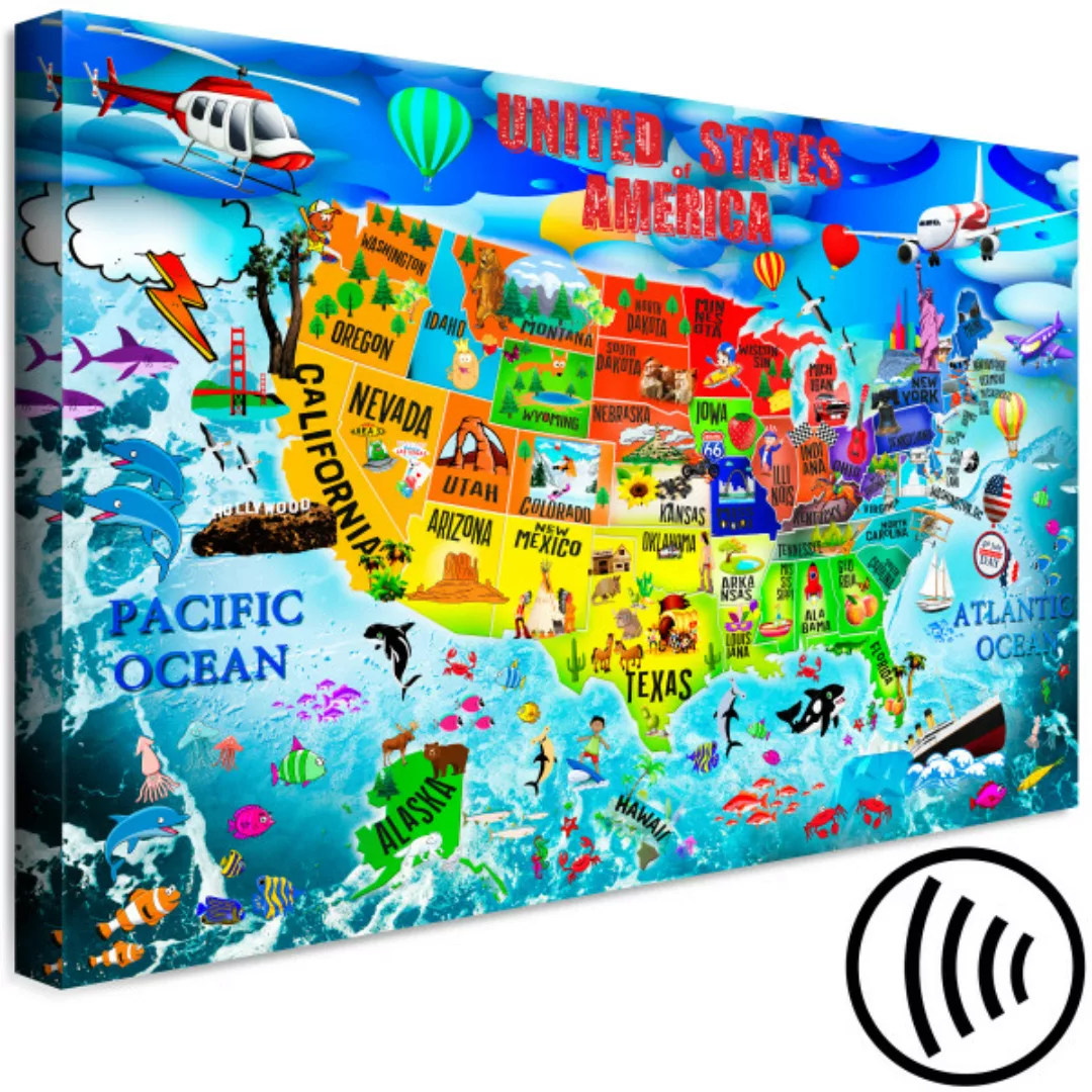 Leinwandbild USA Landkarte für Kinder - farbige Zeichnungen mit Staatensymb günstig online kaufen