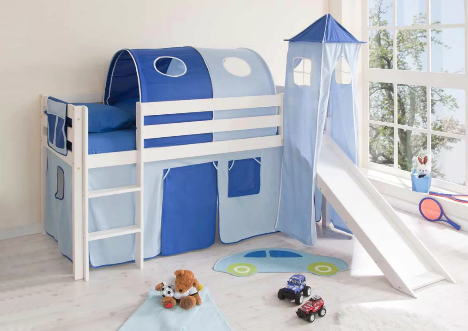 Kinderhochbett aus Kiefer Massivholz mit Rutsche und Turm günstig online kaufen