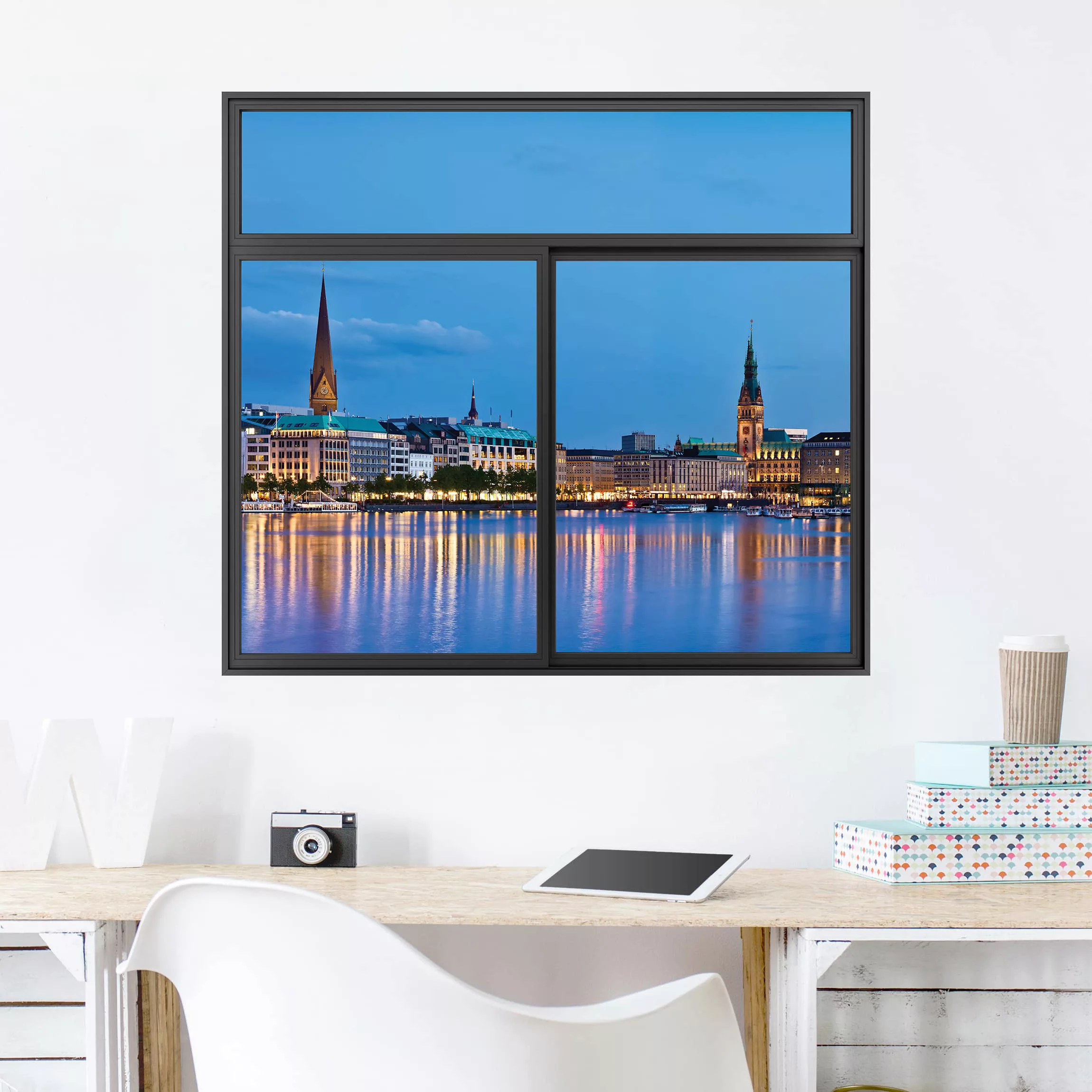 3D Wandtattoo Fenster Schwarz Hamburg Skyline günstig online kaufen
