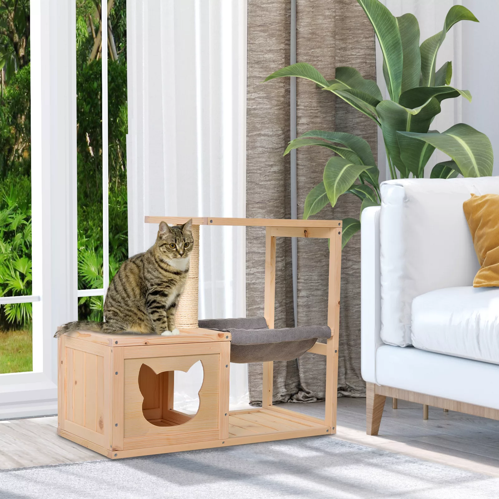 PawHut Katzenhaus mit Hängematte  Katzenkiste mit Sisalstamm, Tannenholz, N günstig online kaufen