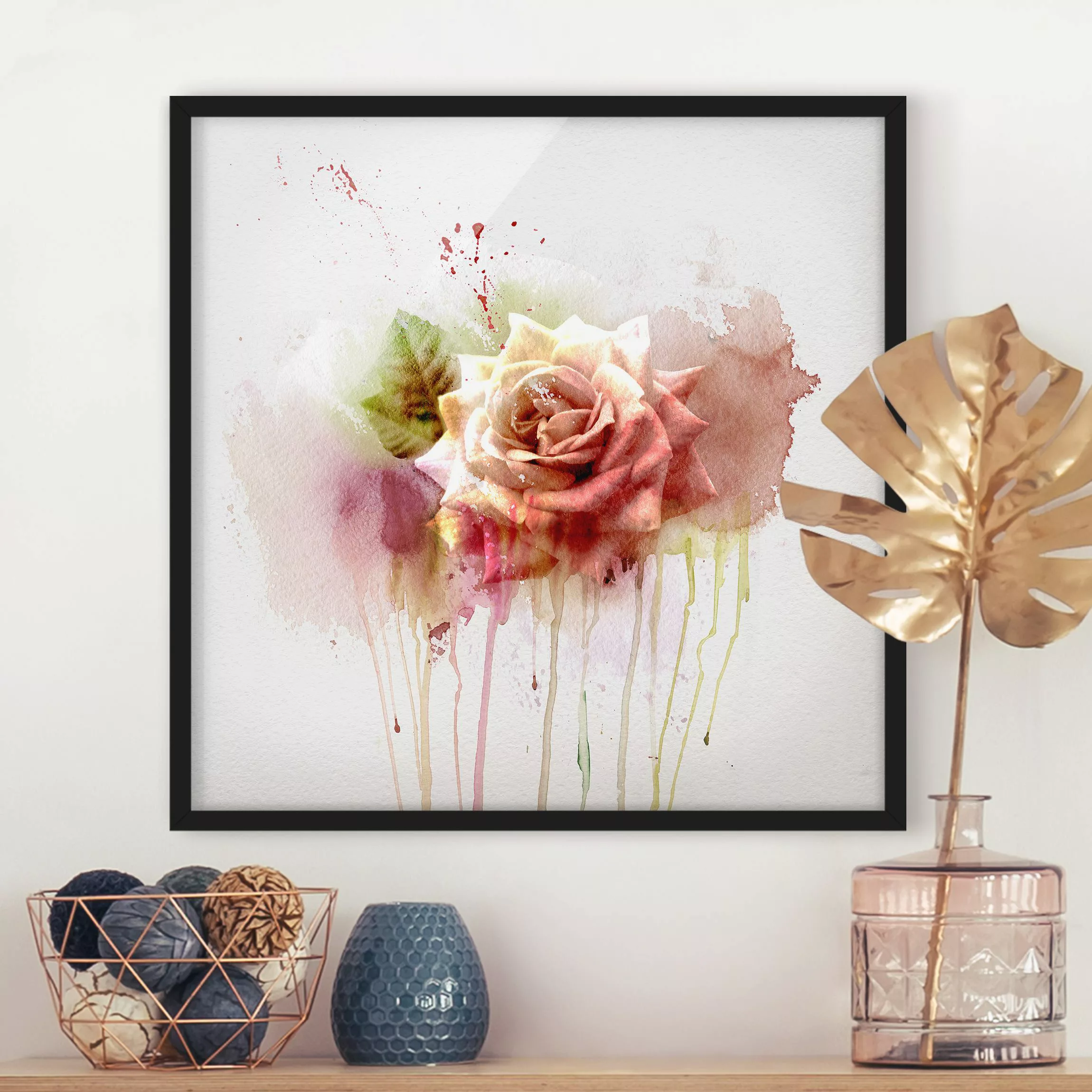 Bild mit Rahmen Blumen - Quadrat Aquarell Rose günstig online kaufen
