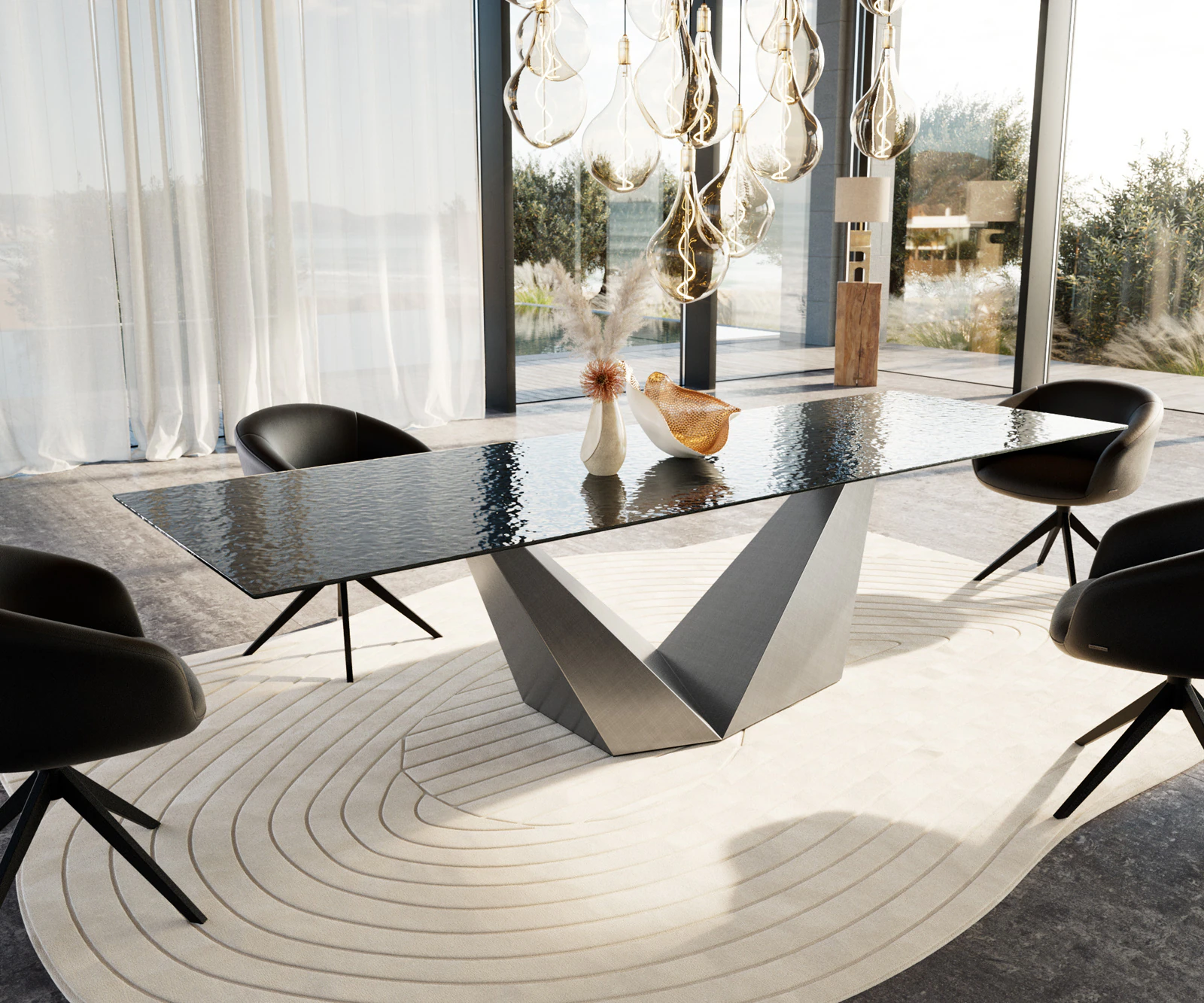 Esstisch Edge 300x100 Reliefglas Rauchschwarz 3D-Design Prisma Metallic Sil günstig online kaufen
